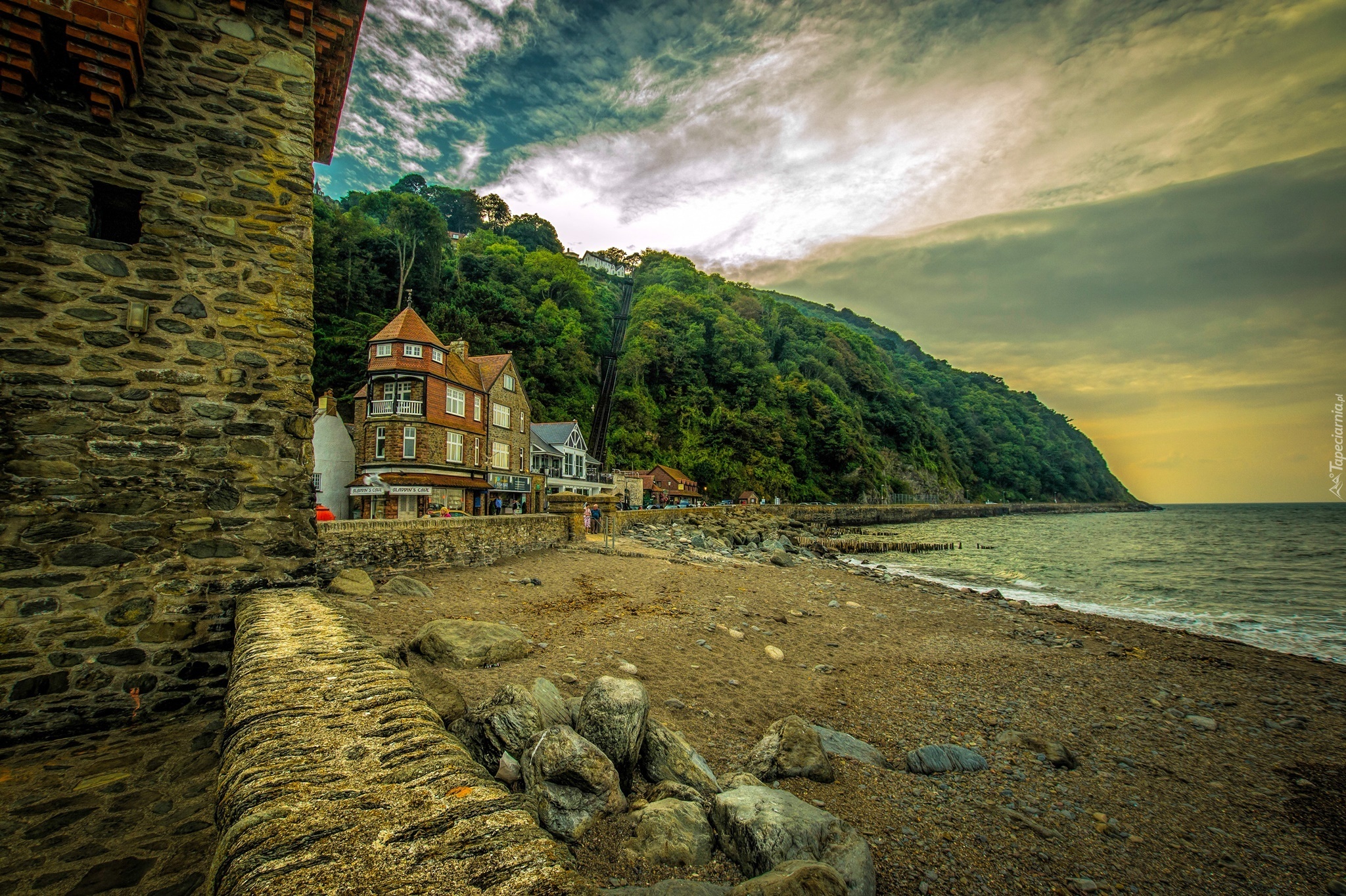 Wybrzeże, Plaża, Kamienie, Domy, Lynmouth, Anglia