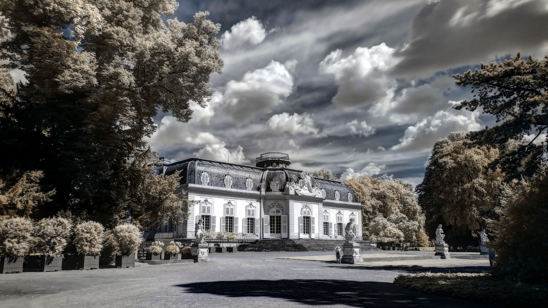 Pałac Benrath, Düsseldorf, Niemcy, Posągi, Park, Drzewa, Sepia