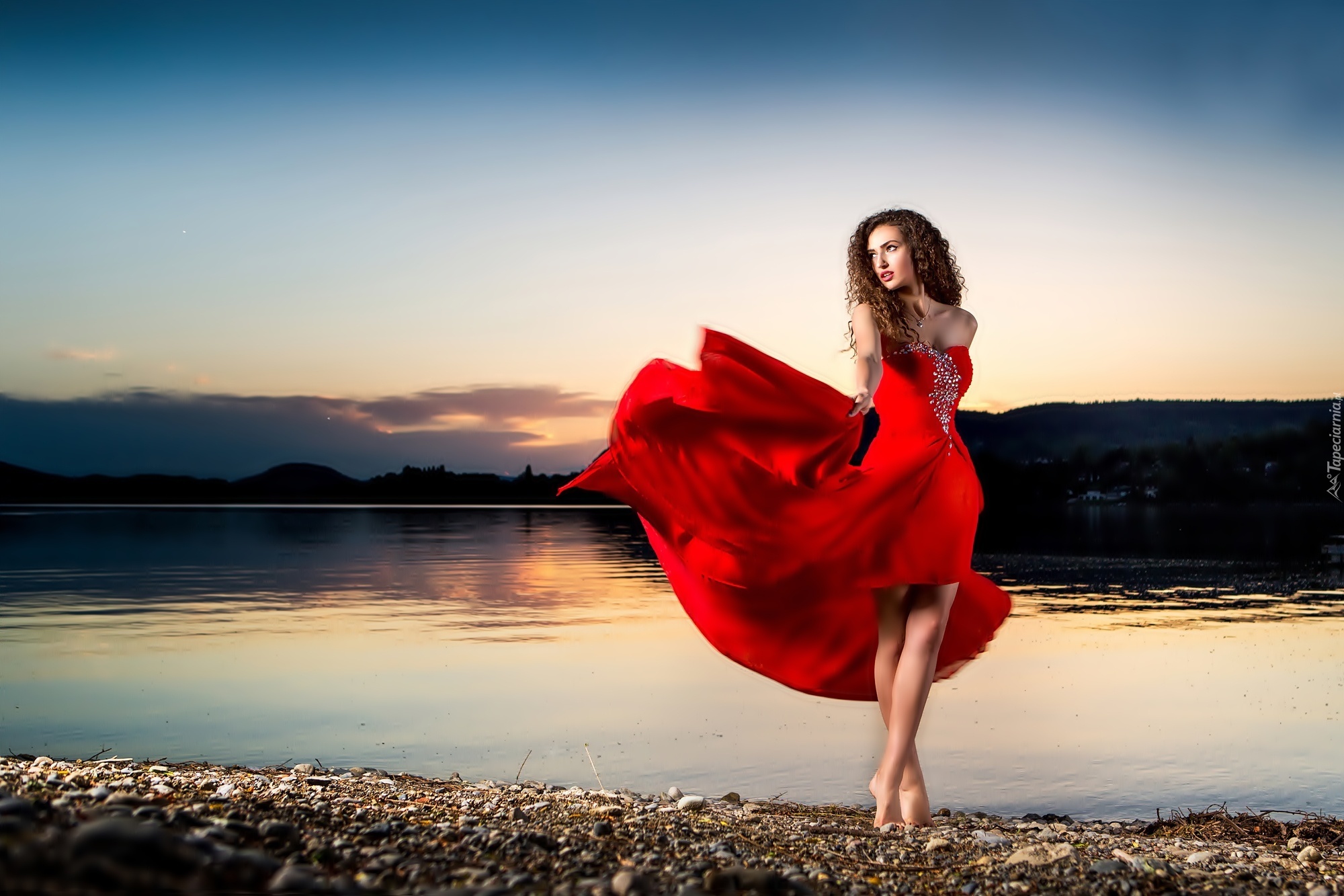 Kobieta, Czerwona, Sukienka, Jezioro