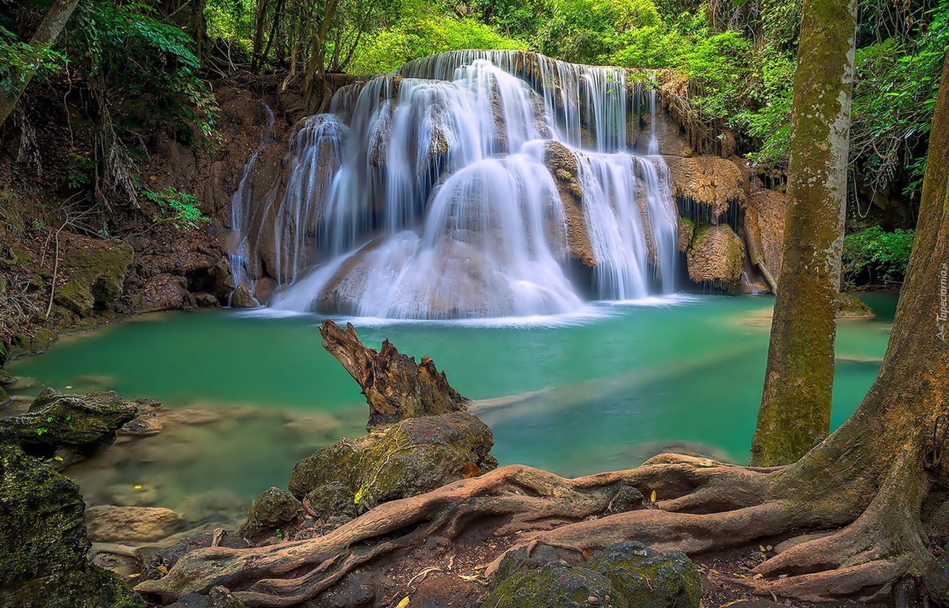 Wodospad, Huai Mae Khamin Waterfall, Drzewa, Rzeka, Skały, Kanchanaburi, Tajlandia