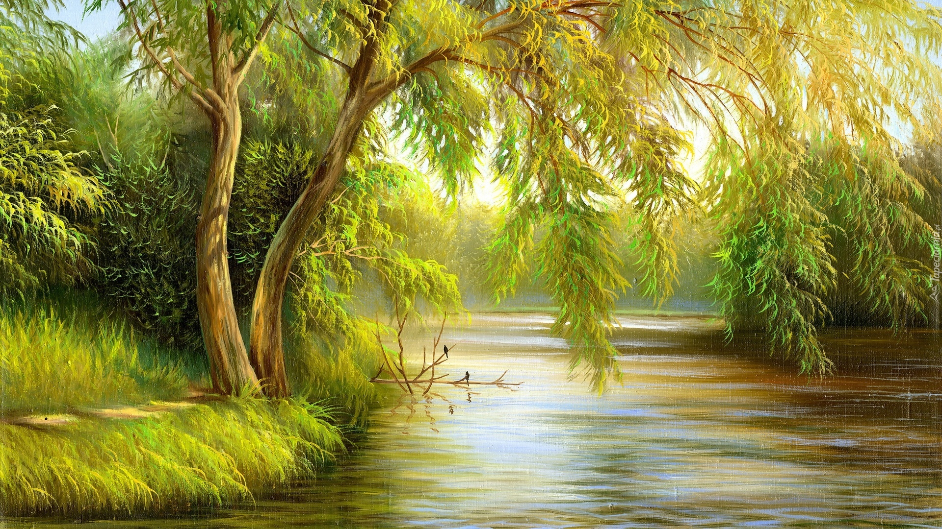 Malarstwo, Obraz, Rzeka, Drzewa