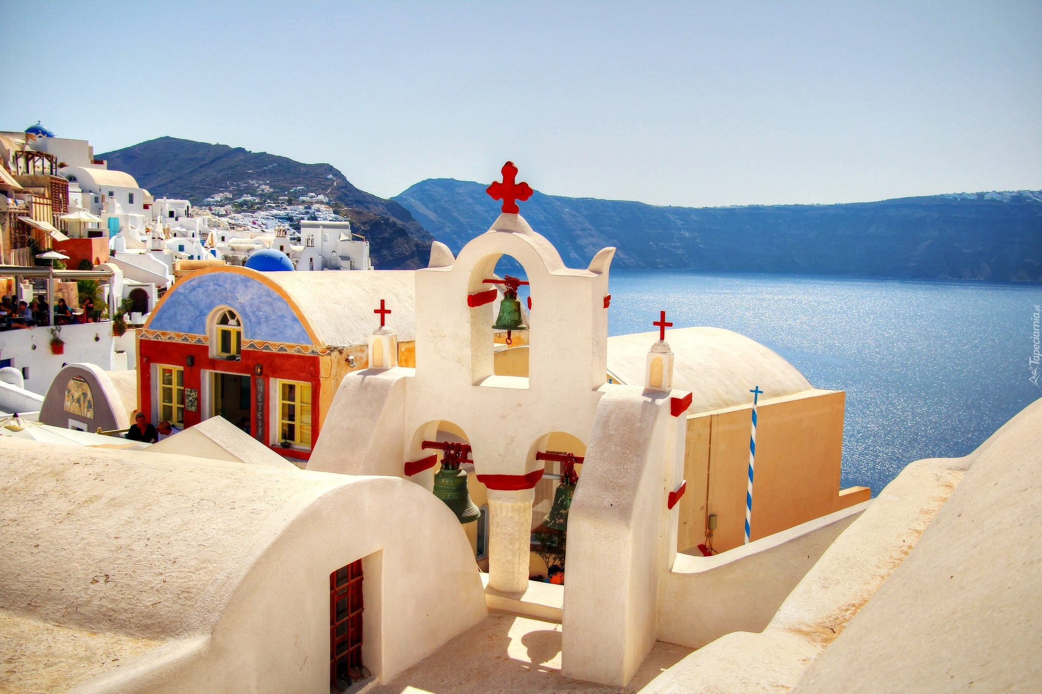 Grecja, Santorini, Morze, Góry, Kościoły