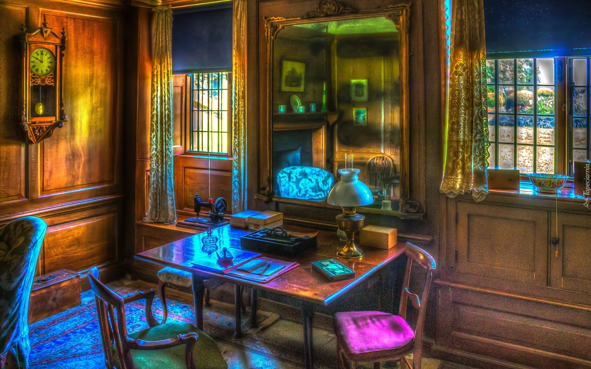 Wnętrze, Gabinet, Biurko, Lampa, HDR