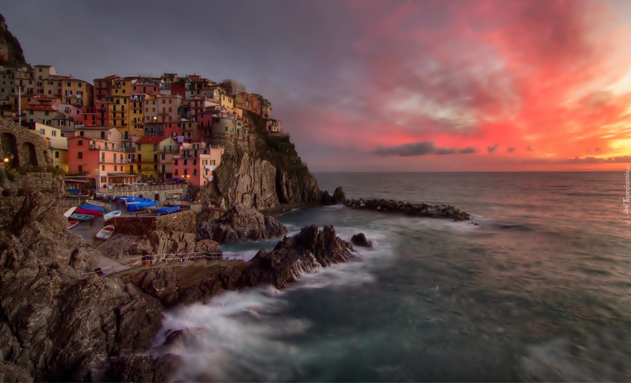 Morze, Skały, Domy, Miasto, Riomaggiore, Liguria