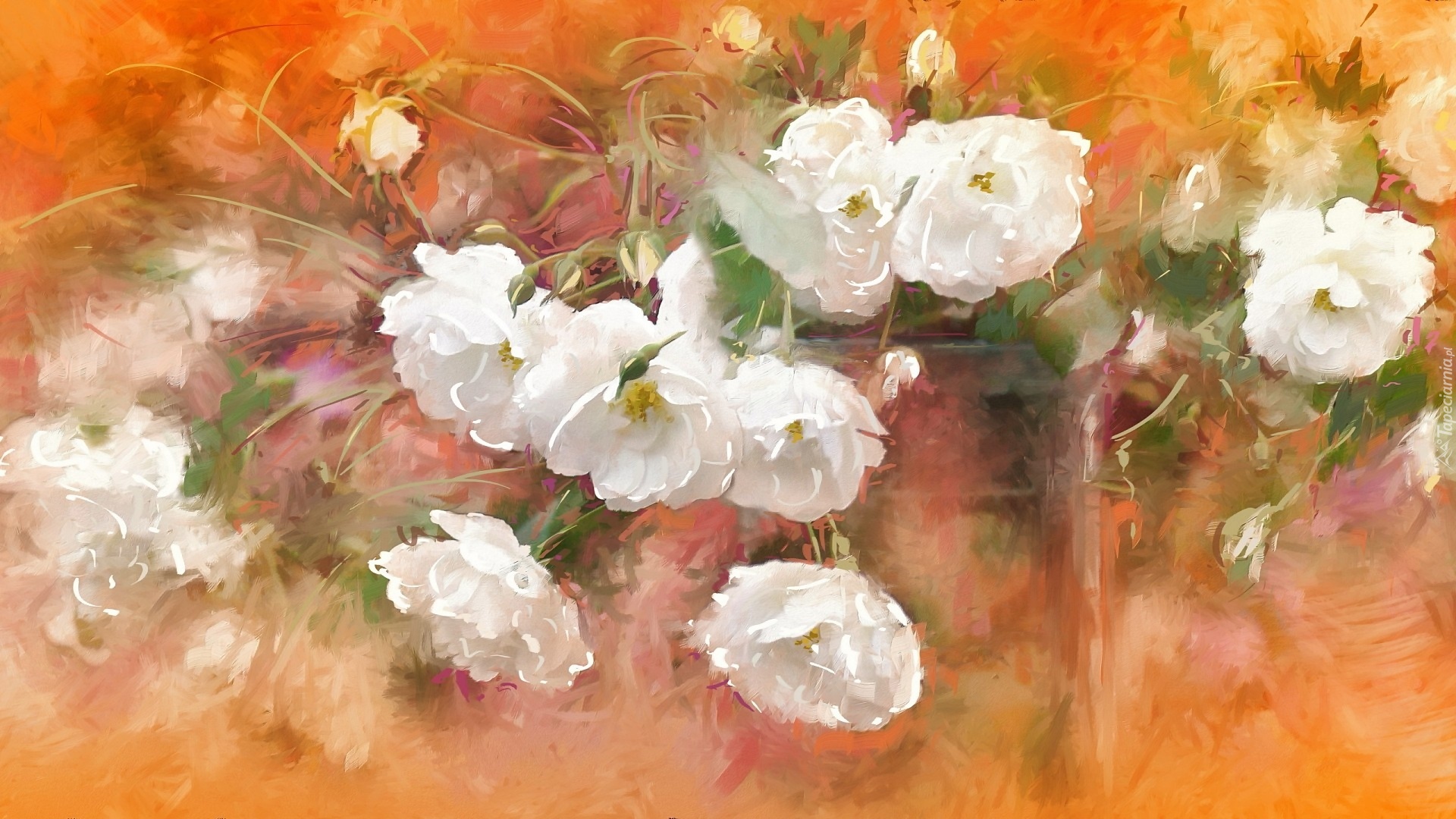 Malarstwo, Obraz, Białe, Kwiaty, Róże