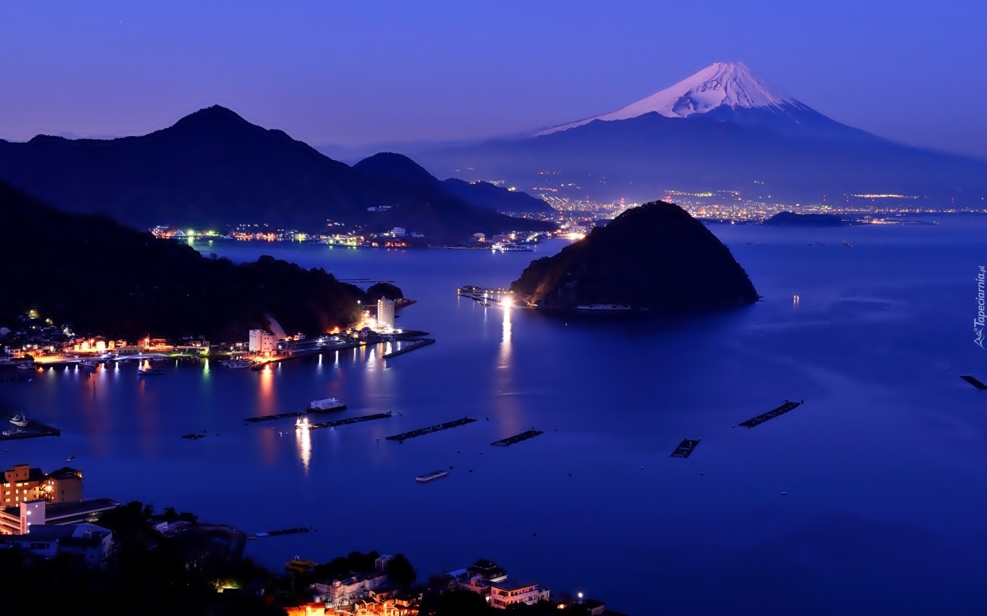 Góry, Wulkan, Fudżi, Wyspa, Noc, Oświetlone, Domy, Japonia
