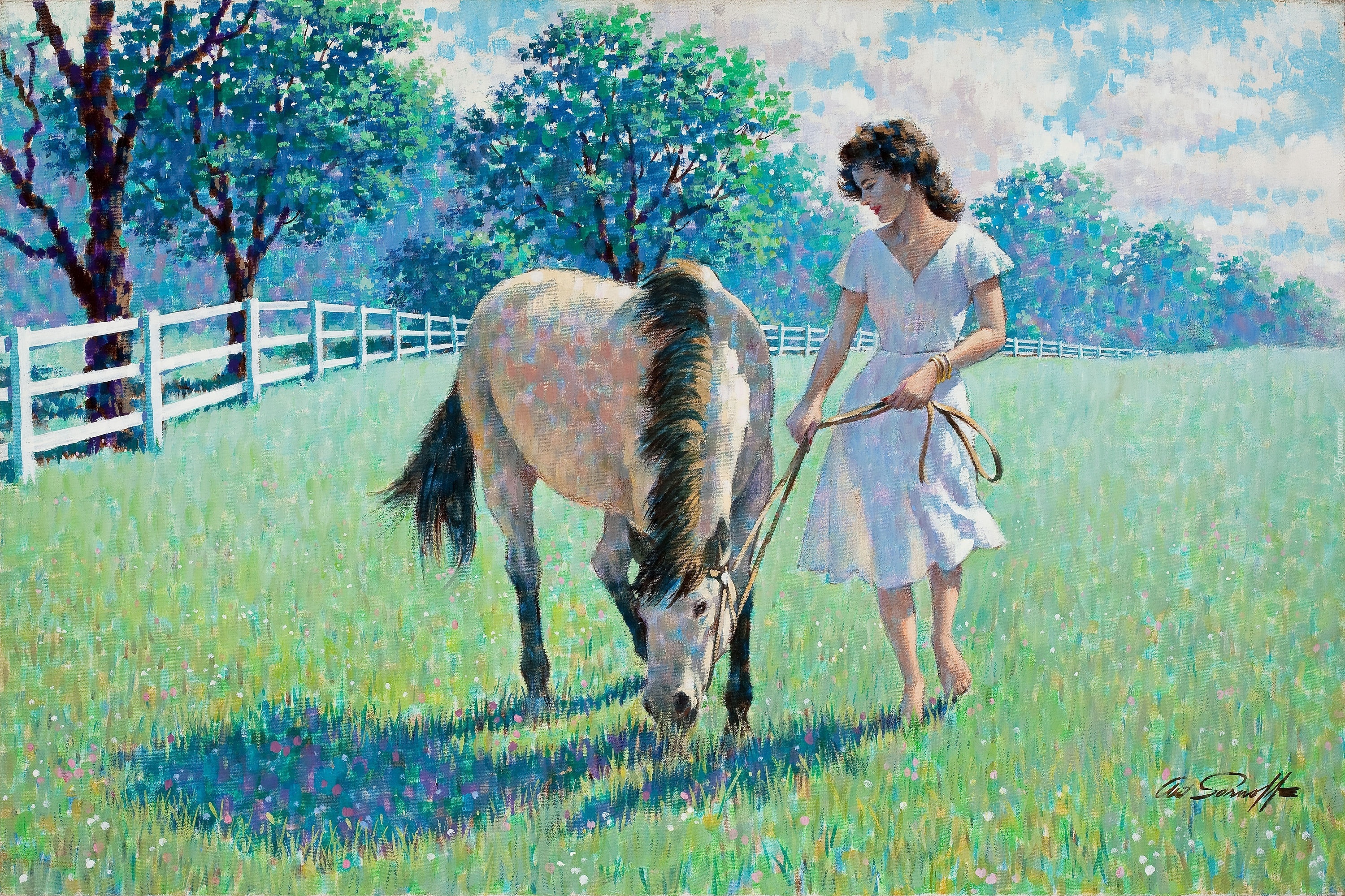 Reprodukcja, Obrazu, Kobieta, Koń, Arthur Sarnoff