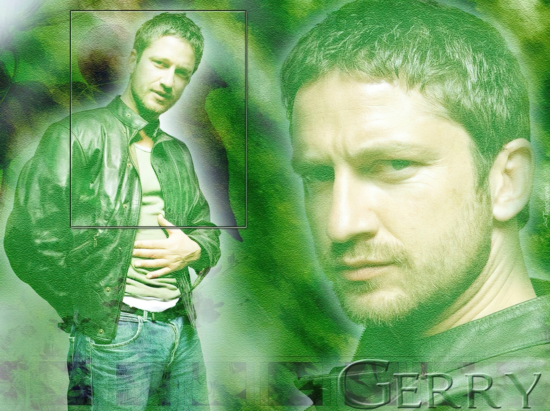 Gerard Butler,czarna kurtka, jasne włosy