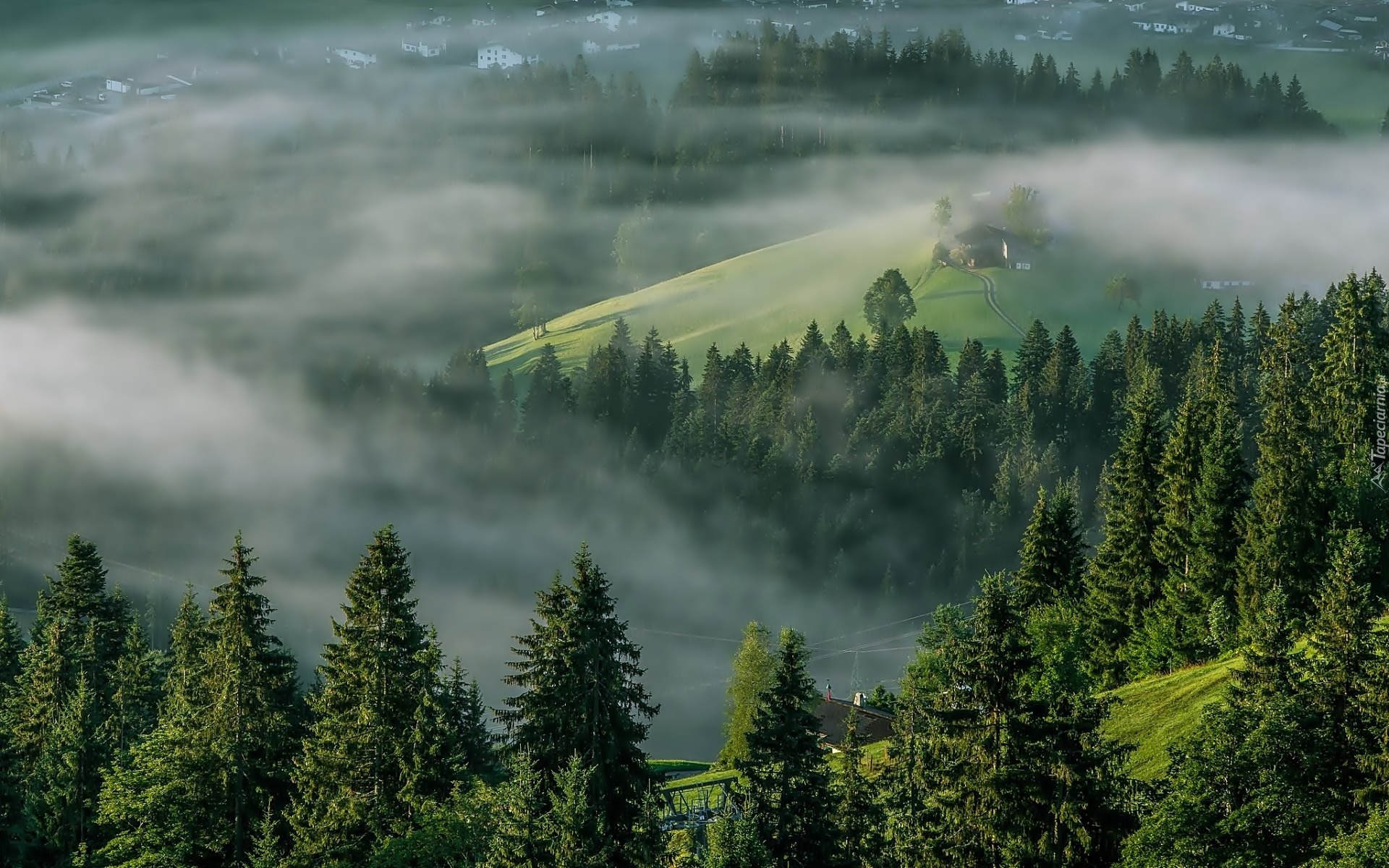 Góry, Lasy, Mgła, Domy, Alpy, Tyrol, Austria