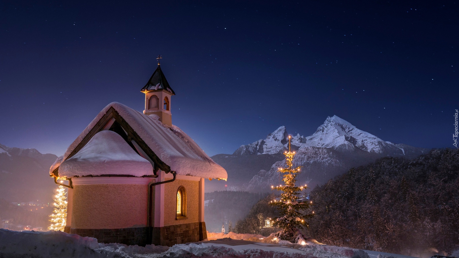 Zima, Góry, Kościół, Noc