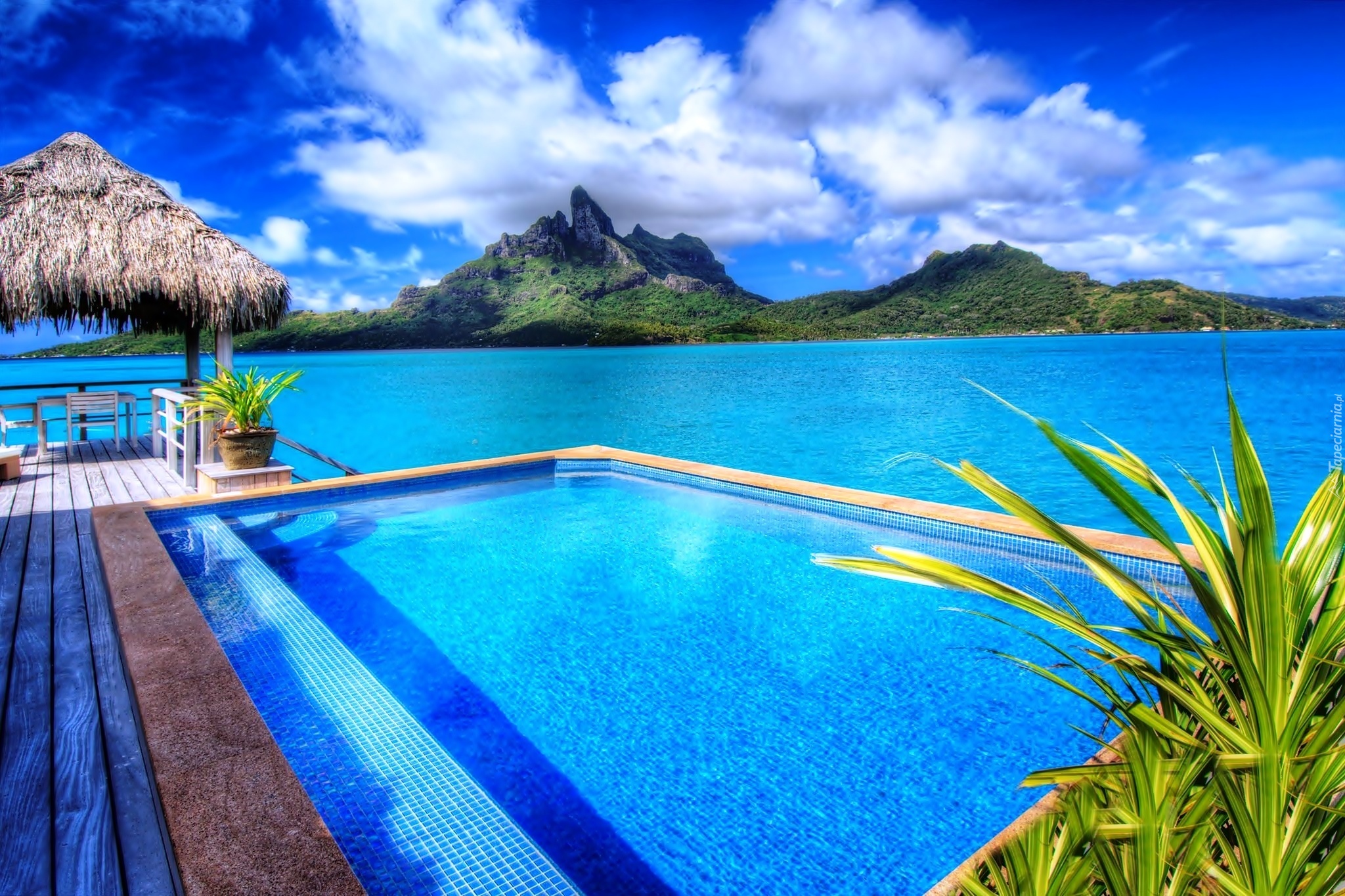 Bungalow, Basen, Góry, Morze, Bora Bora