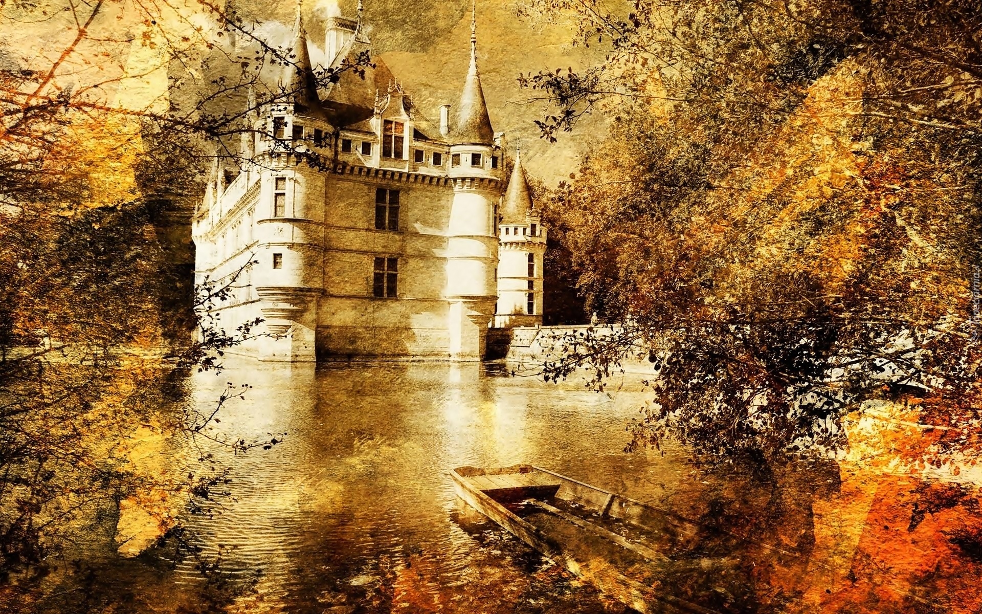Zamek w Chaumont, Chaumont sur Loire, Francja, Staw, Łódka, Grafika