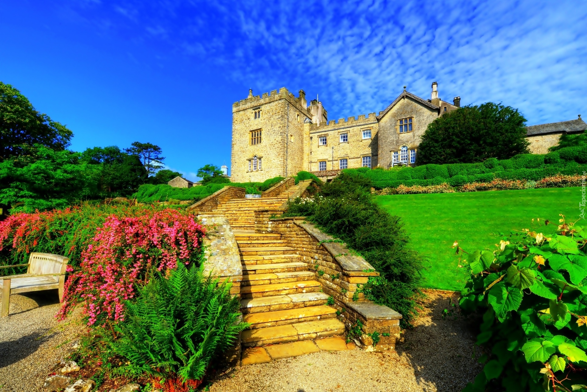 Zamek Sizergh, Sizergh Castle and Garden, South Lakeland, Kumbria, Anglia, Schody, Ogród