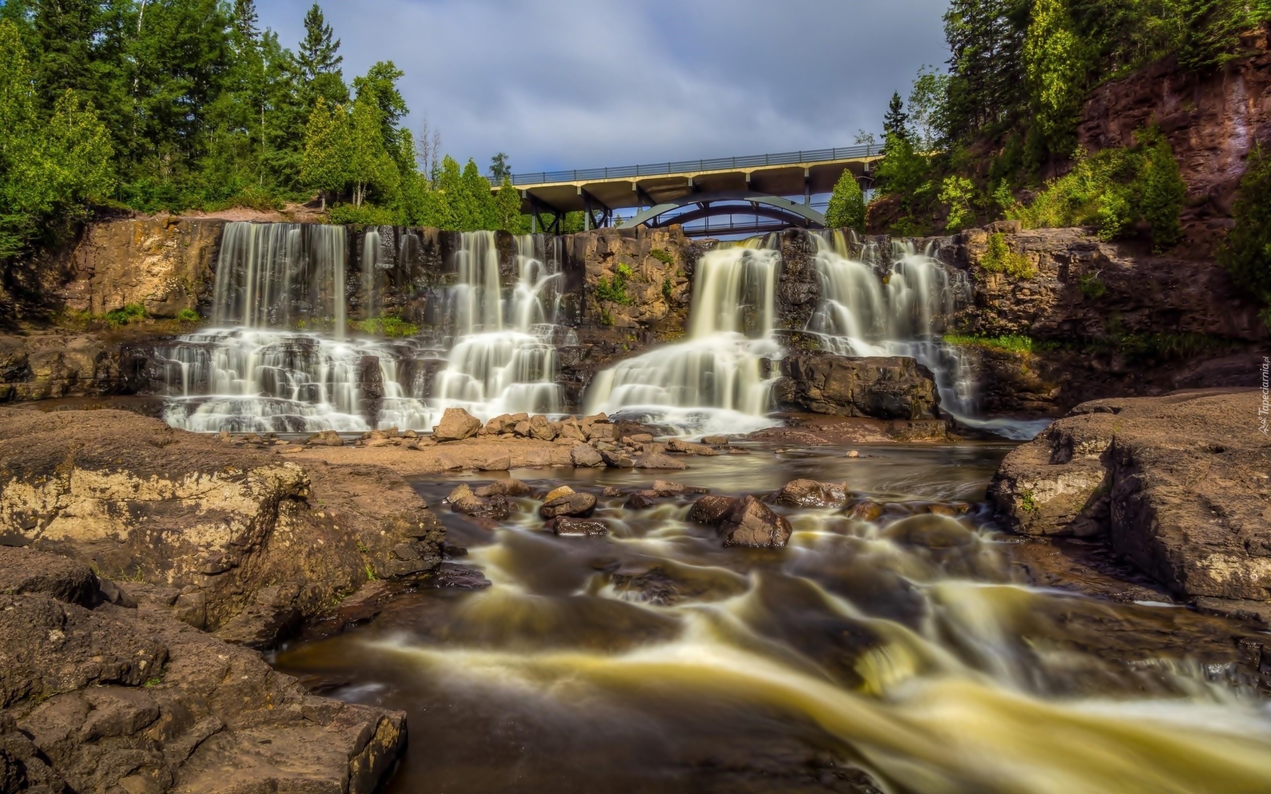 Wodospad, Kaskada, Rzeka, Most, Park, Minnesota, USA