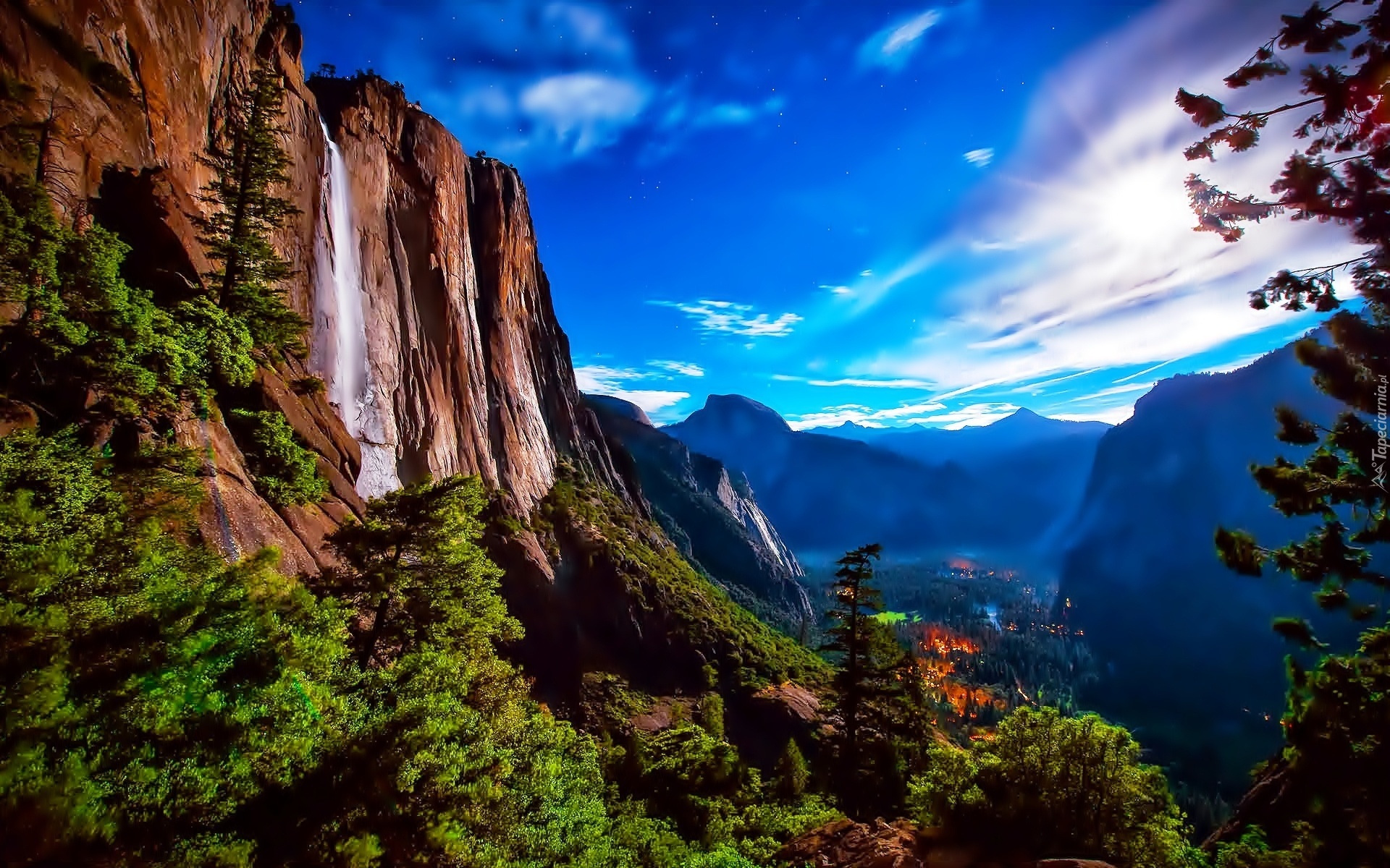 Stany Zjednoczone, Stan Kalifornia, Park Narodowy Yosemite, Góry, Drzewa, Wodospad