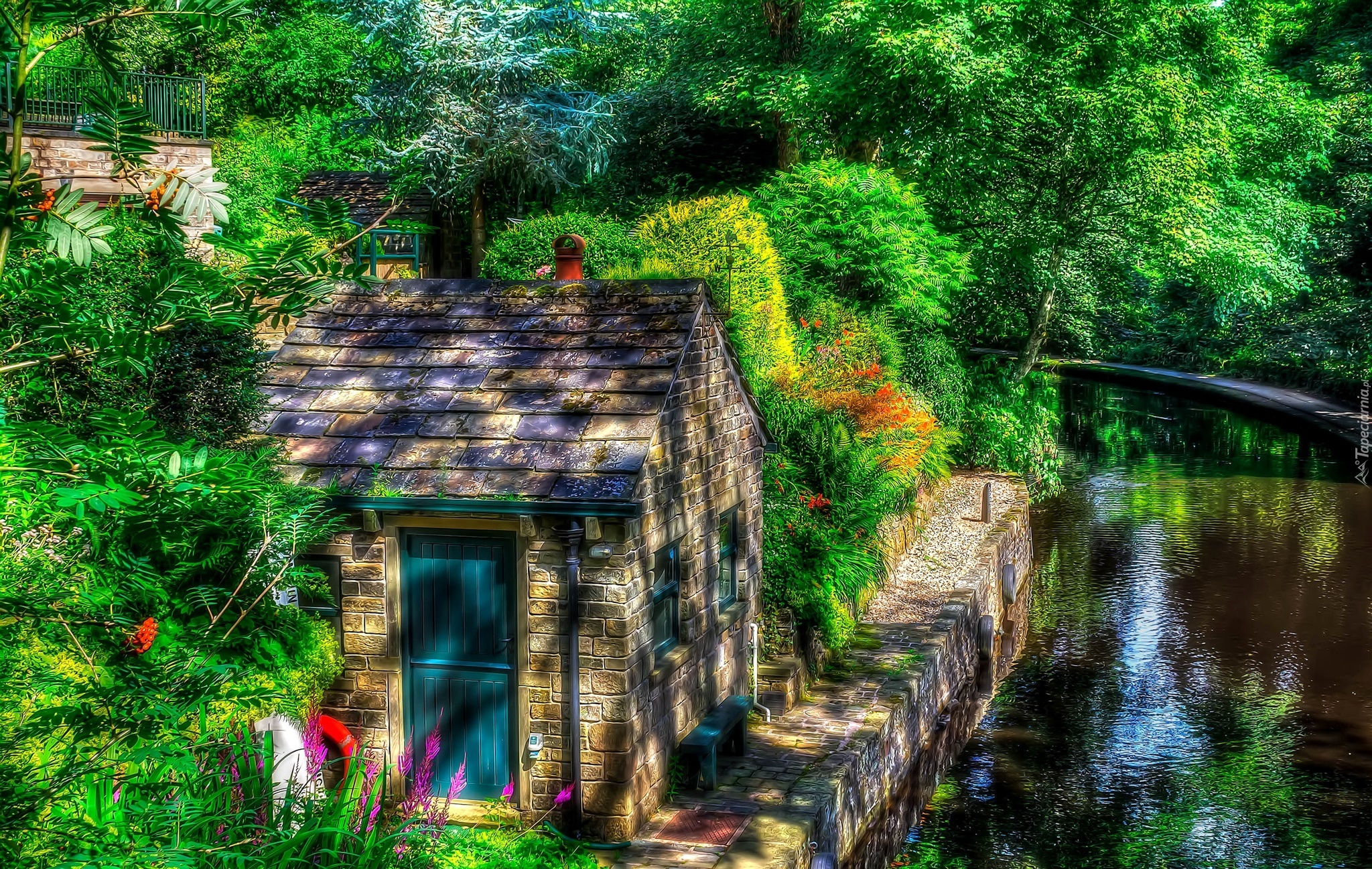 Dom, Rzeczka, Drzewa, Lato, HDR, Anglia