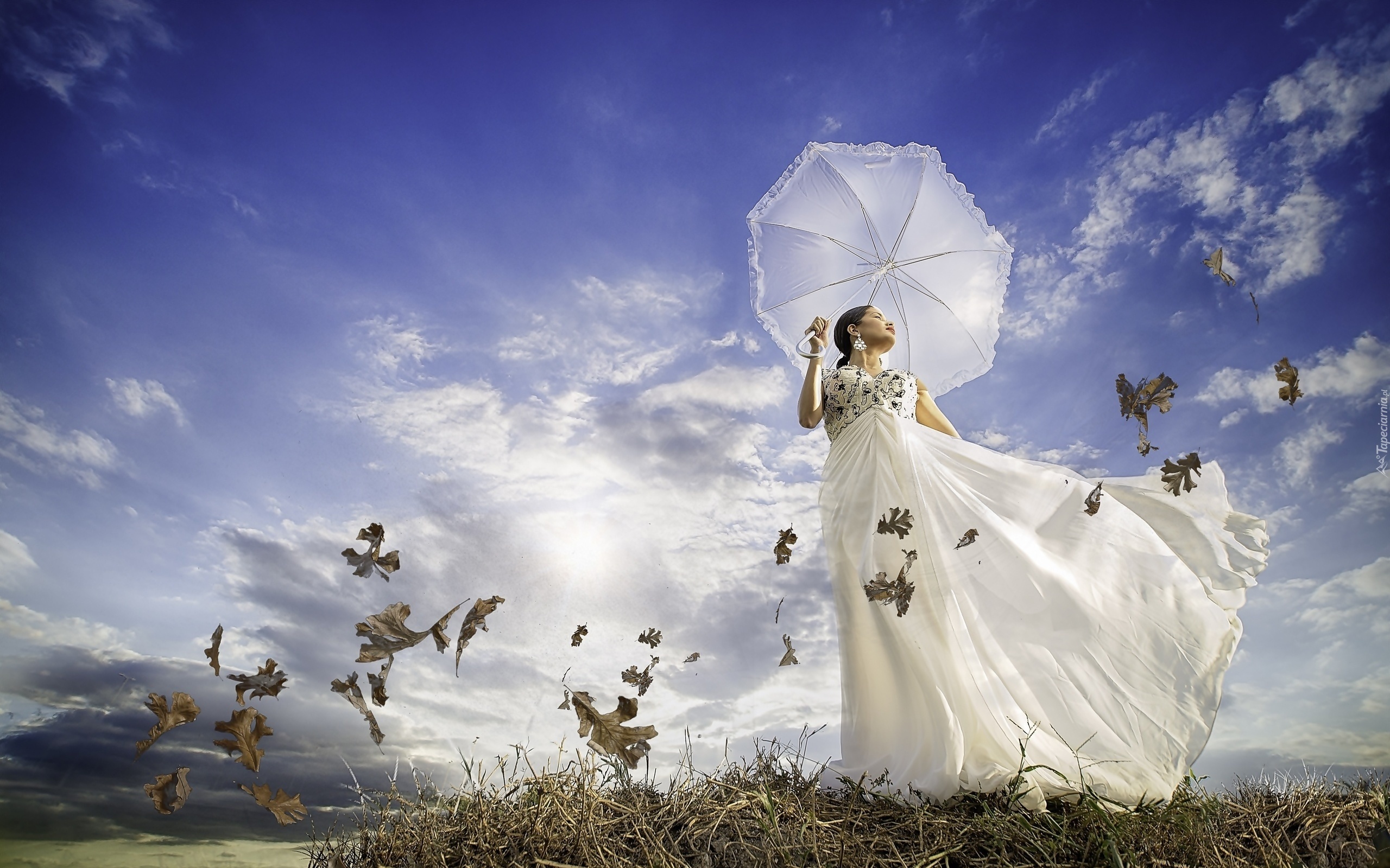 природа девушка белое платье море зонт без смс