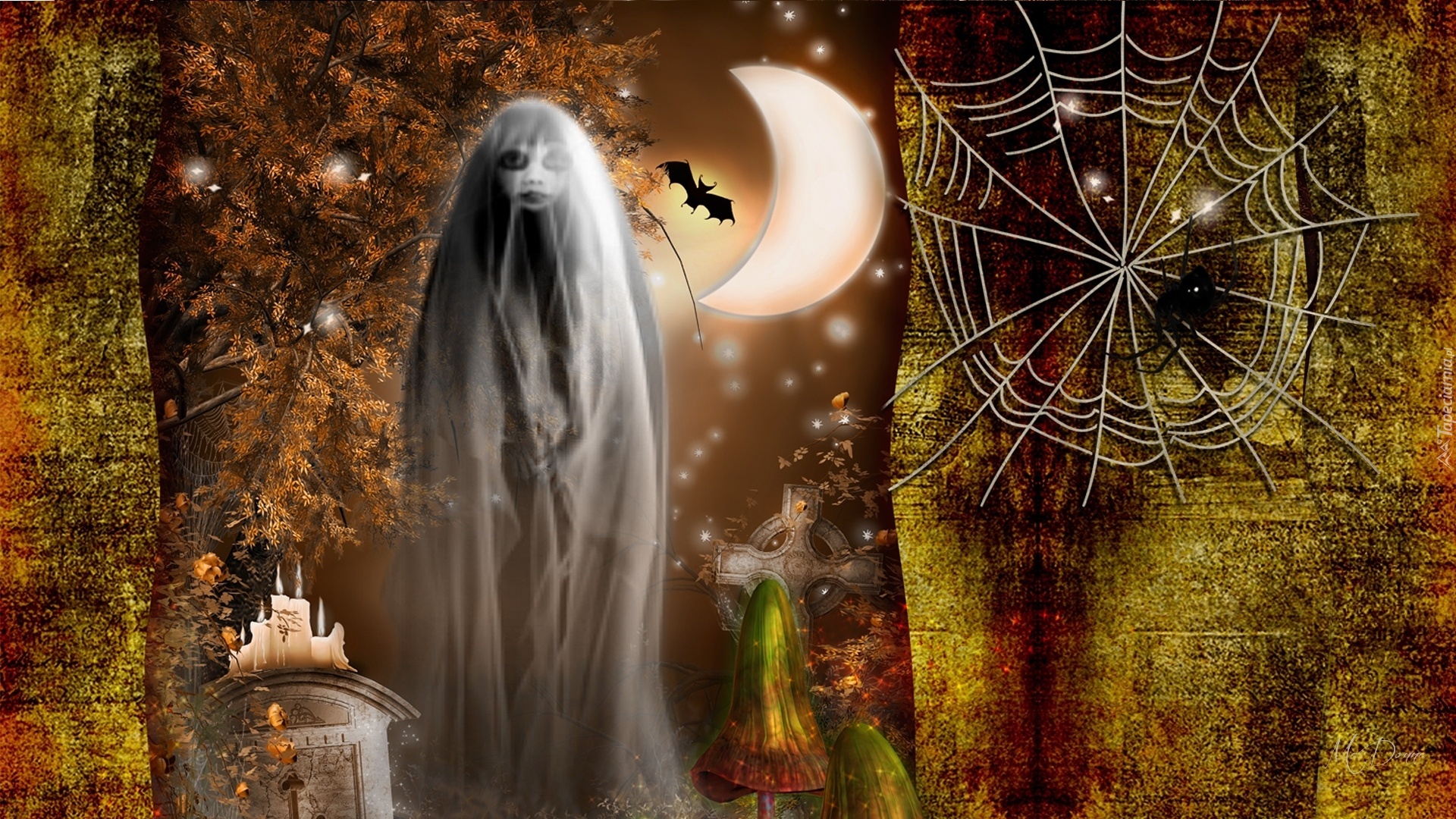 Halloween, Duch, Pajęczyna, Księżyc, Nagrobek, Świece, Nietoperz