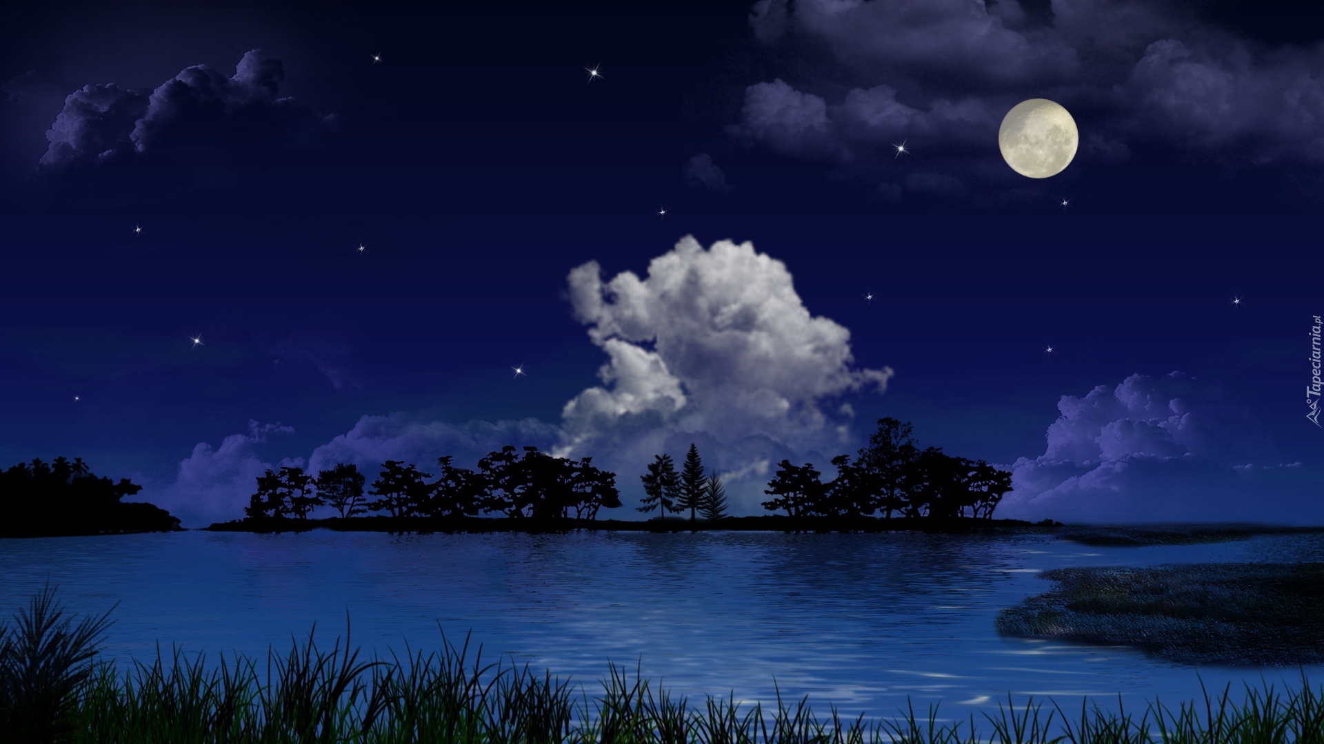 В глубине неба луна. Лунная ночь. Ночной пейзаж. Лунный пейзаж. Ночное озеро с луной.