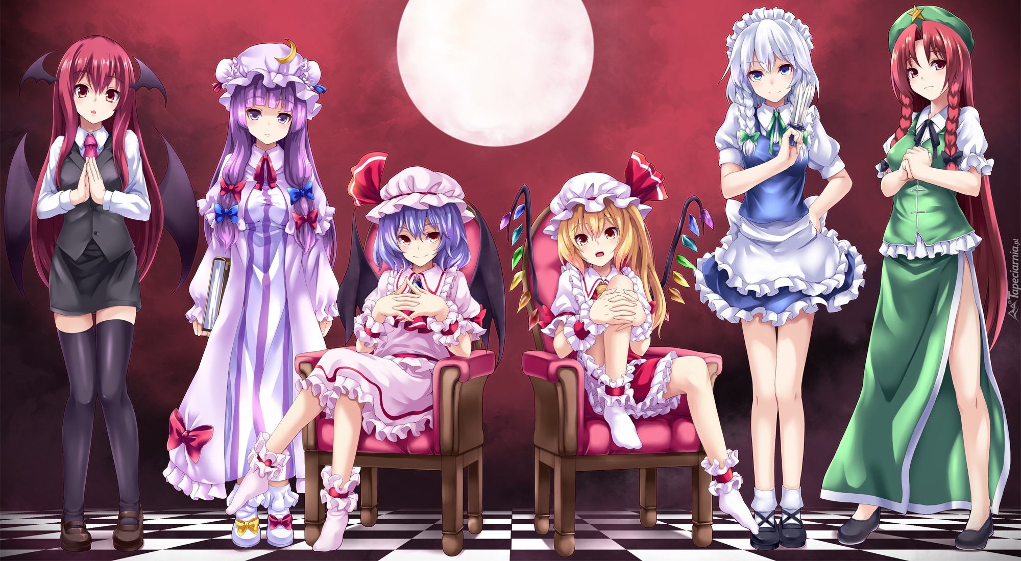 Touhou, Koakuma, Patchouli Knowledge, Remilia Scarlet, Flandre Scarlet, Izayoi Sakuya, Hong Meiling