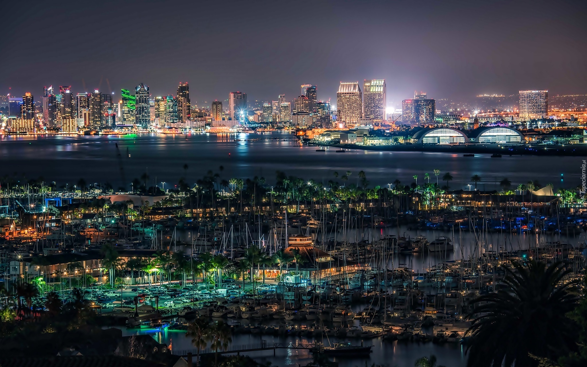 Kalifornia, San Diego, Port, Panorama Miasta, Noc, Światła