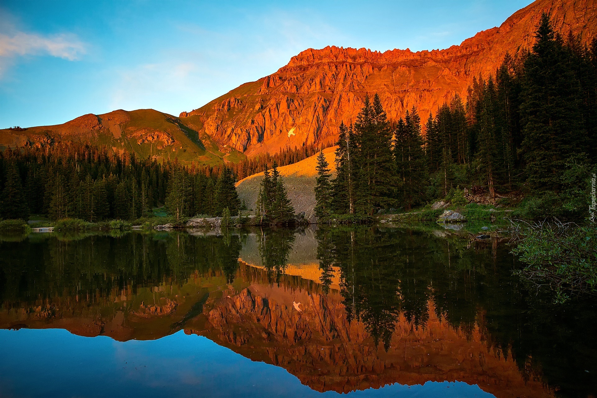 Jezioro, Góry, Lasy, Zachód Słońca, Kolorado, USA