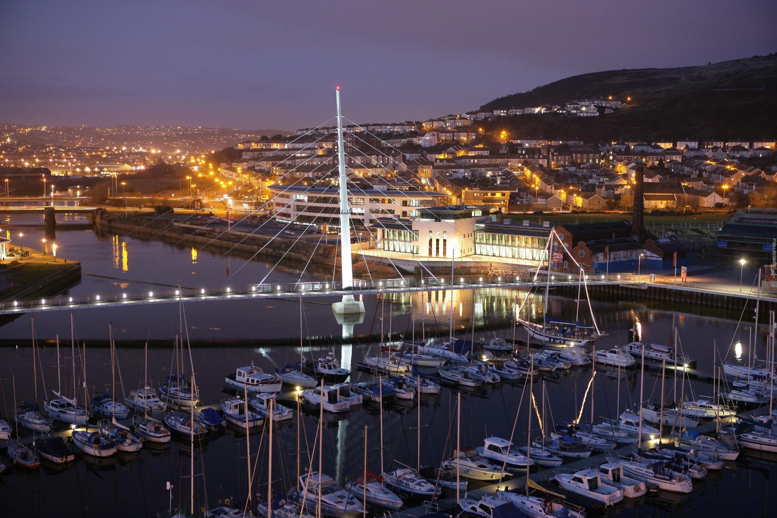 Marina, Yacht, Most, Miasto nocą