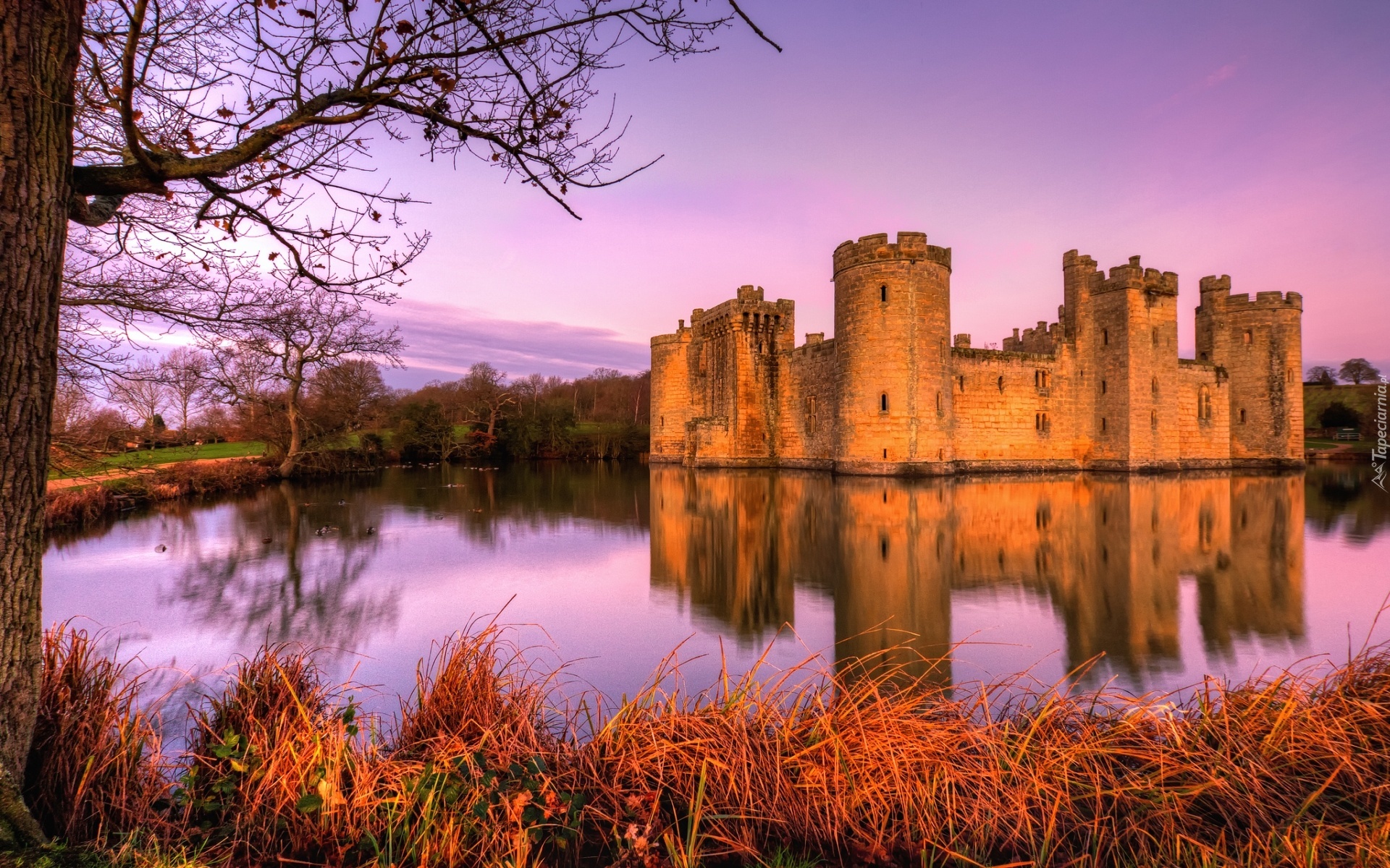 Zamek Bodiam, Bodiam Castle, Wieś Robertsbridge, Anglia, Fosa, Mostek