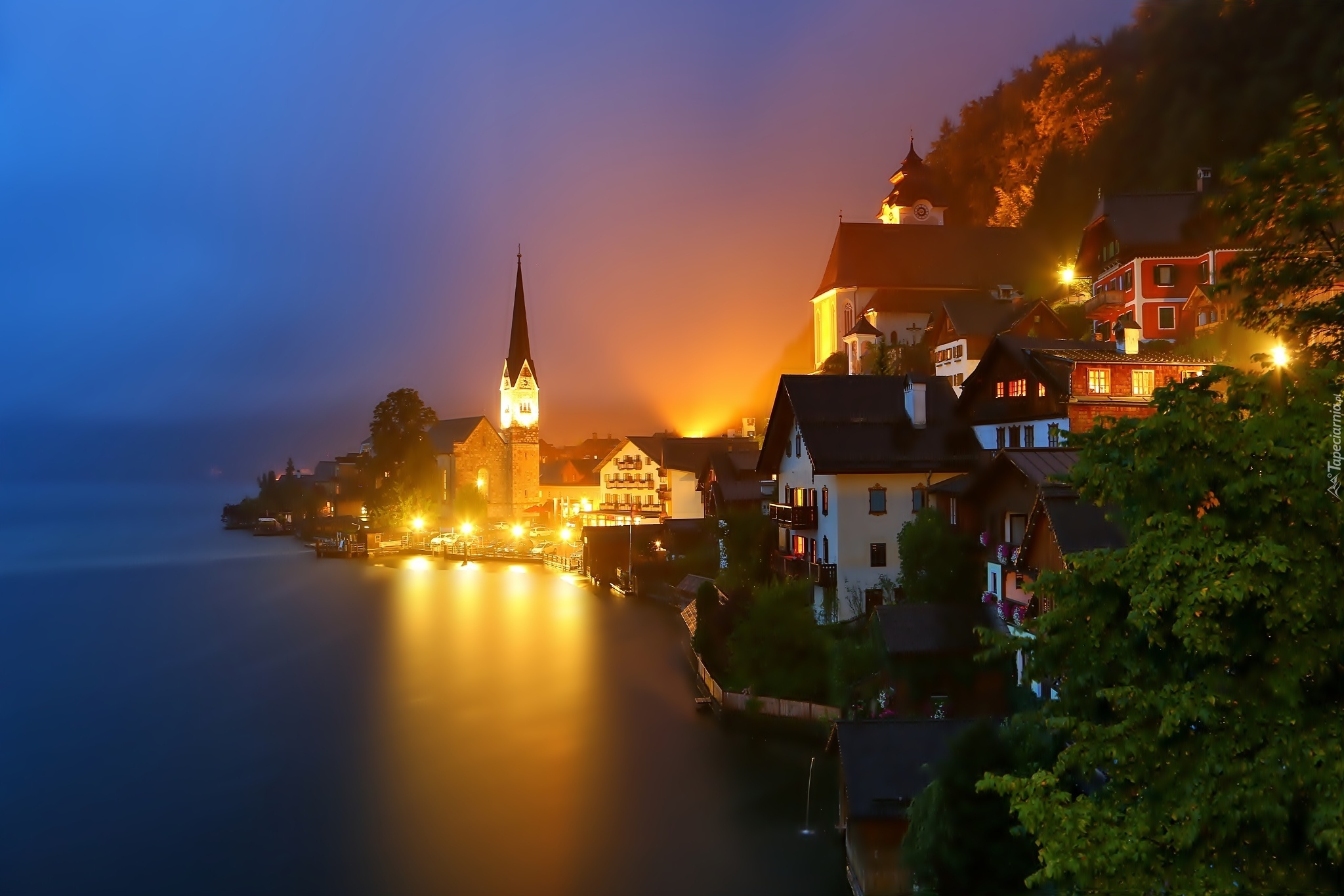 Hallstatt, Austria, Nocą, Jezioro