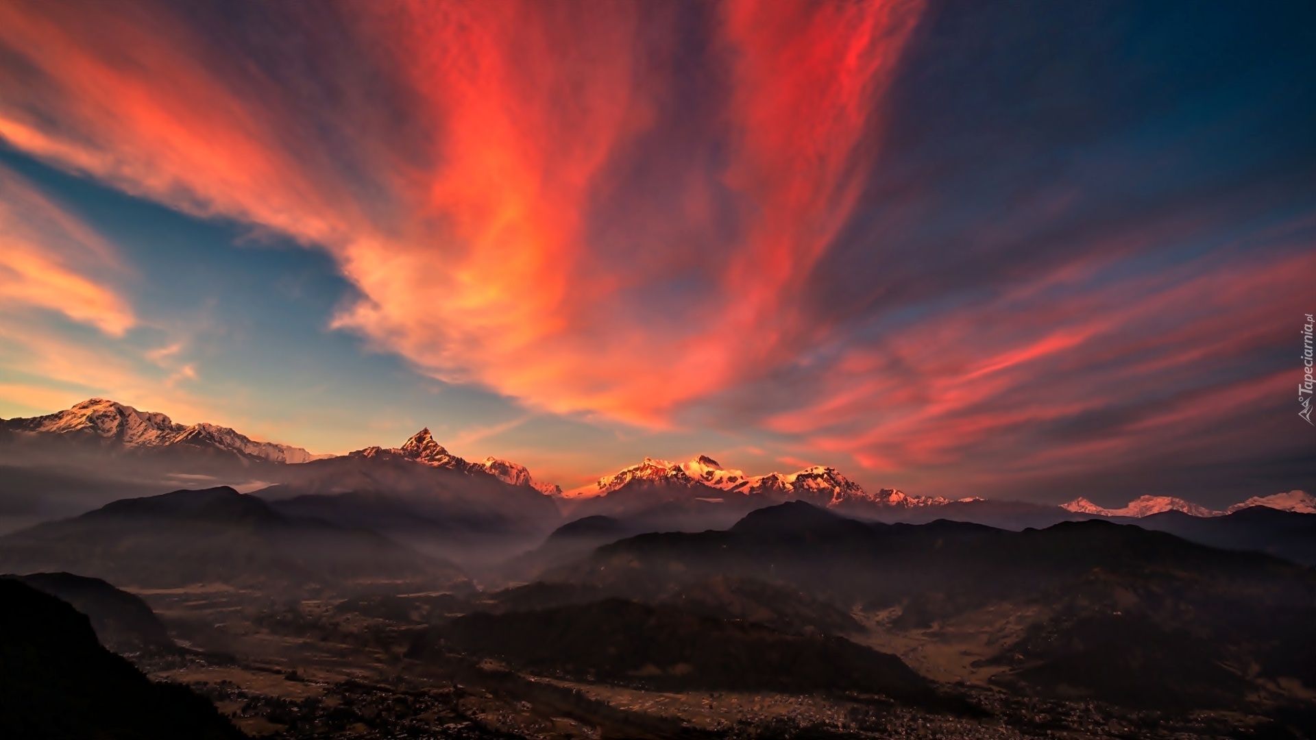 Tybet, Góry, Zachód Slońca, Panorama