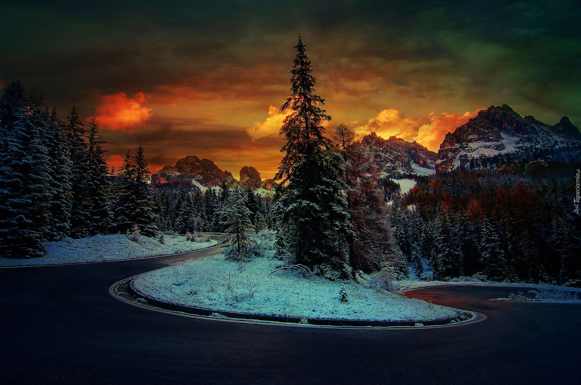 Zima, Droga, Góry, Zachód Słońca