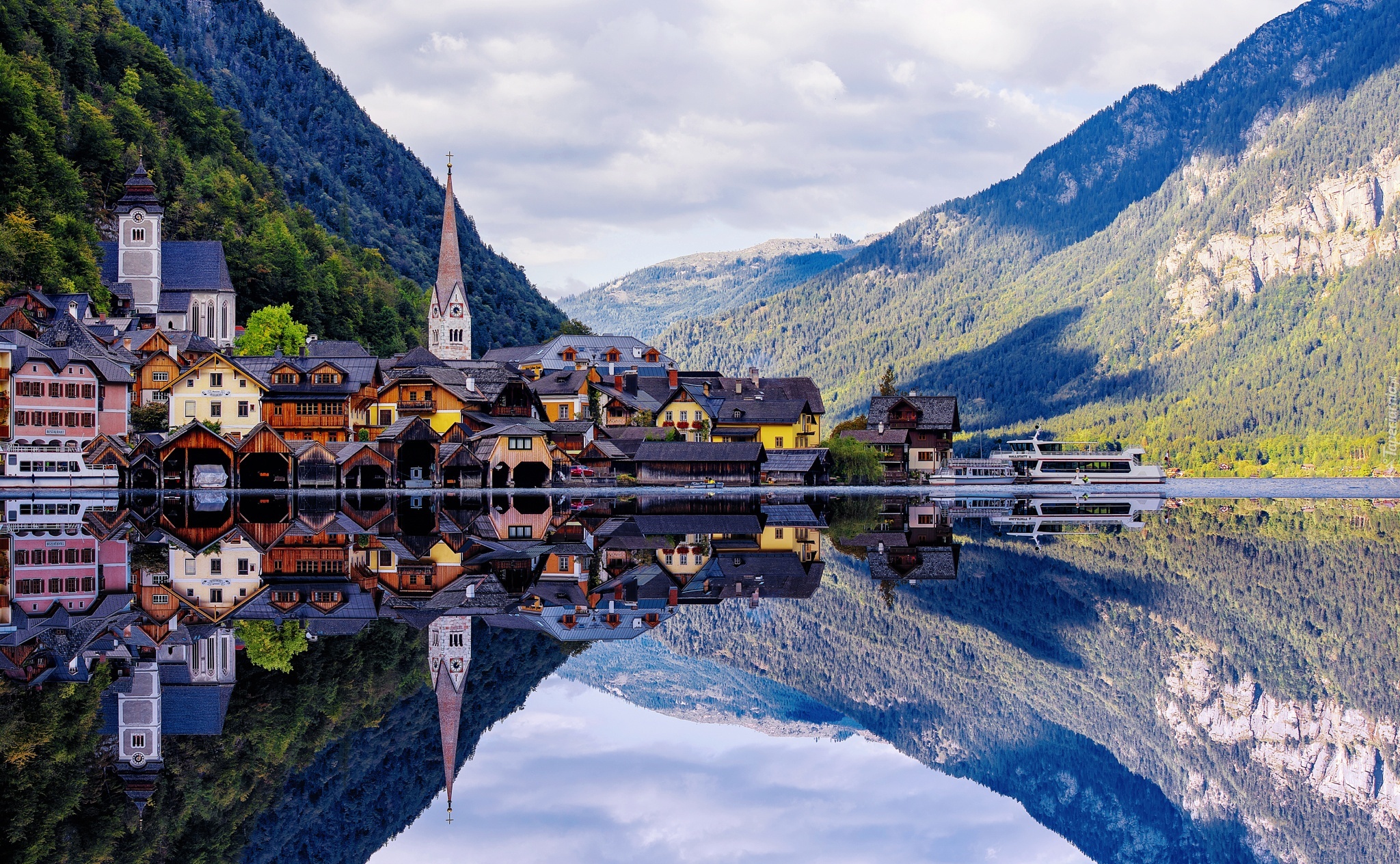 Hallstatt, Austria, Jezioro, Góry Alpy, Odbicie
