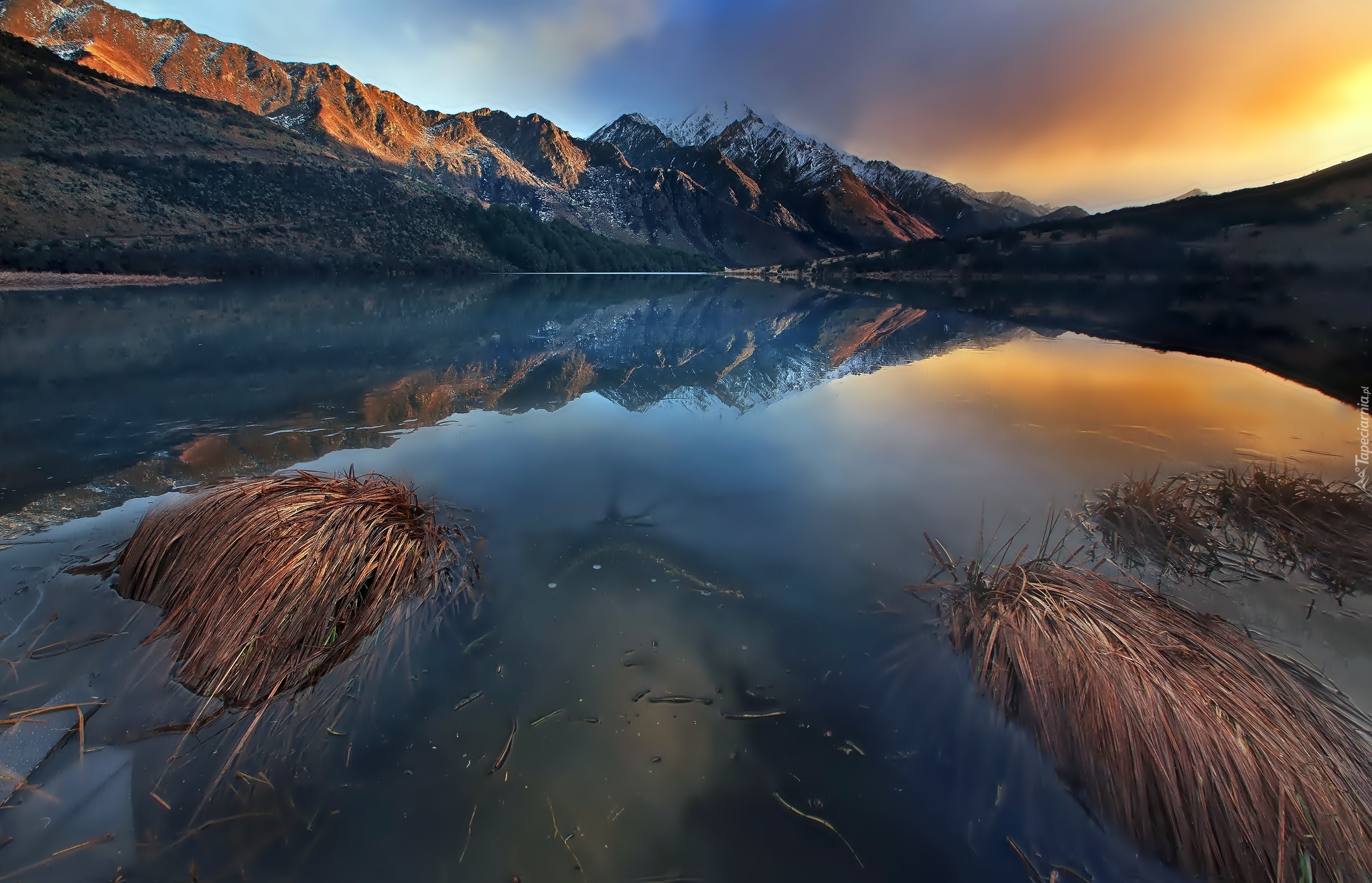Góry, Jezioro, Trawa, Nowa Zelandia