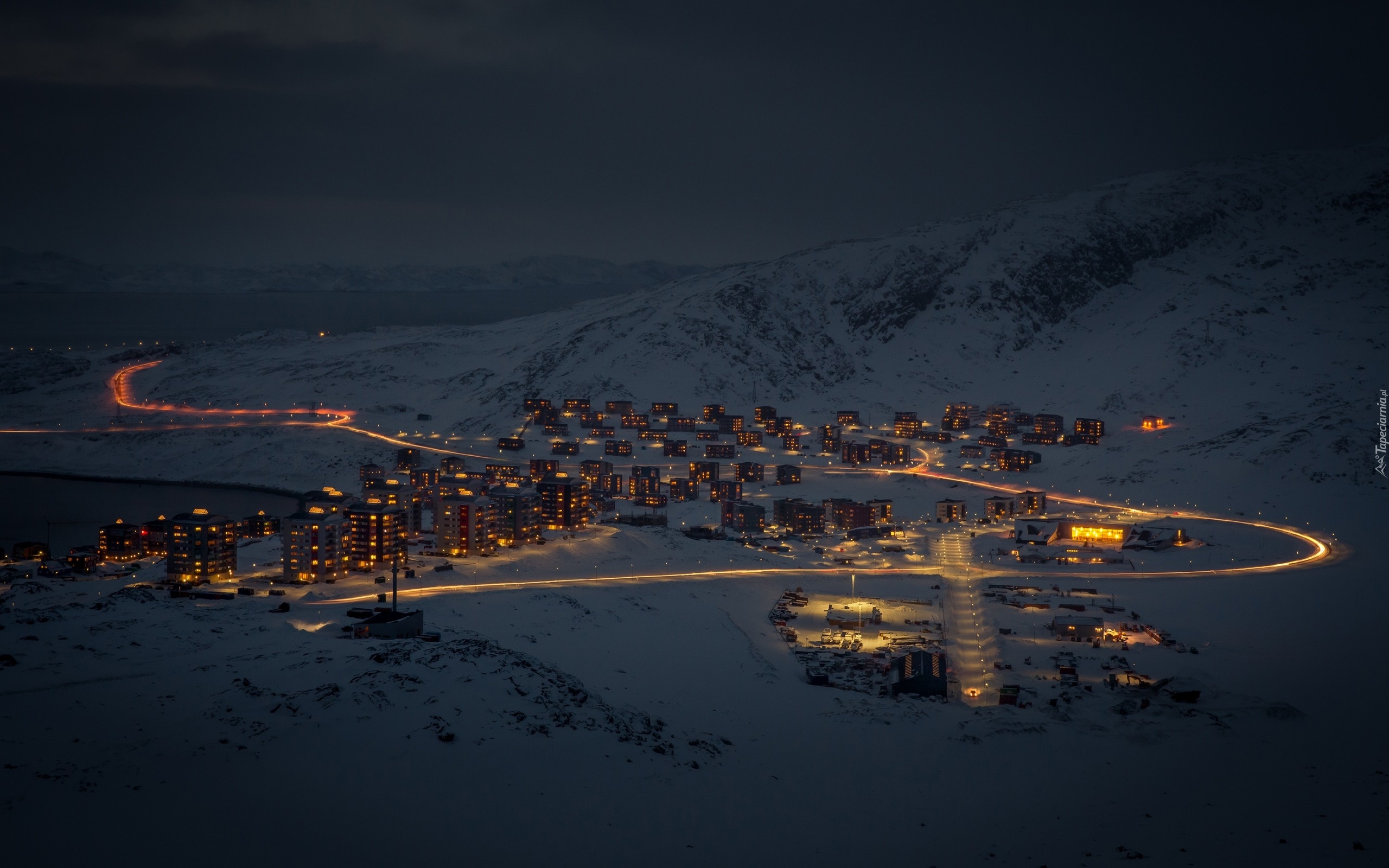 Grenlandia, Miasto, Nocą, Zima, Góry