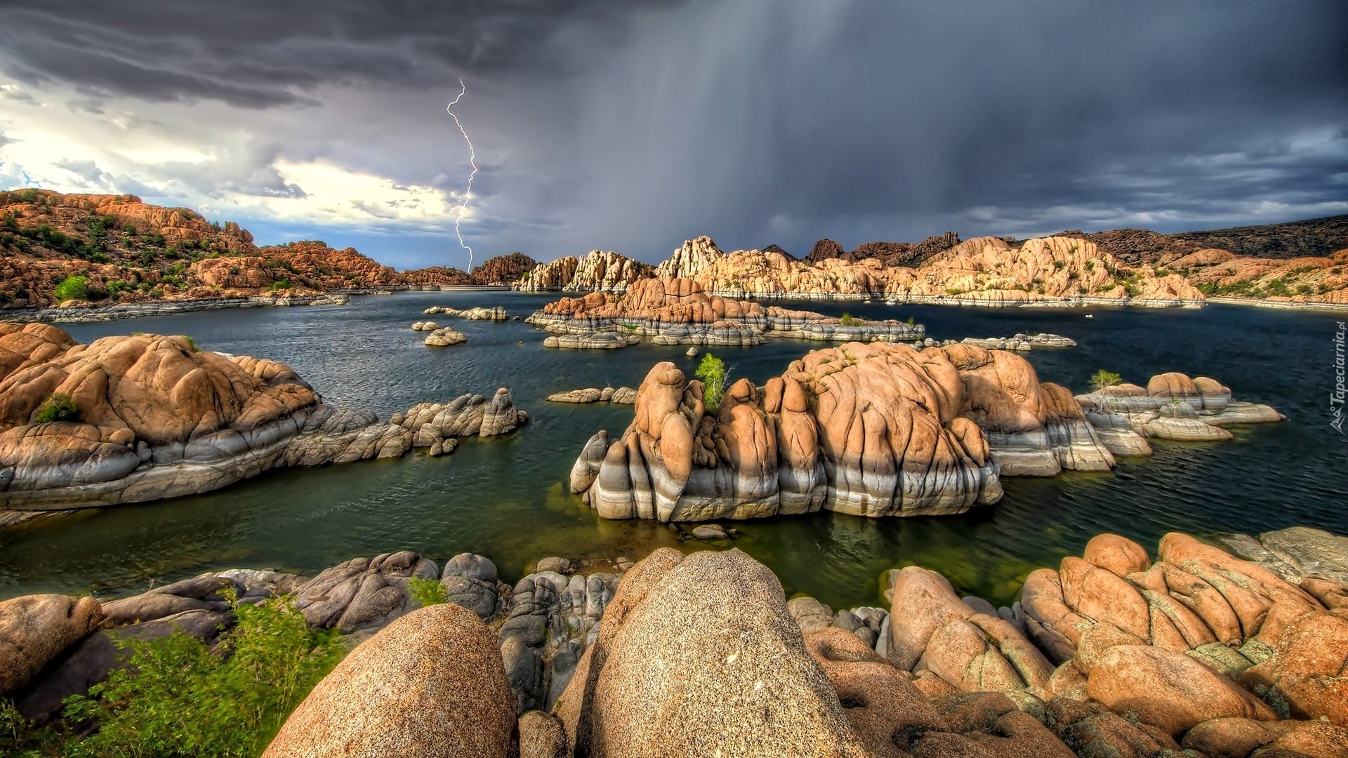 Jezioro, Zbiornik Watson Lake, Skały, Miasto Prescott, Stan Arizona, Stany Zjednoczone, Piorun