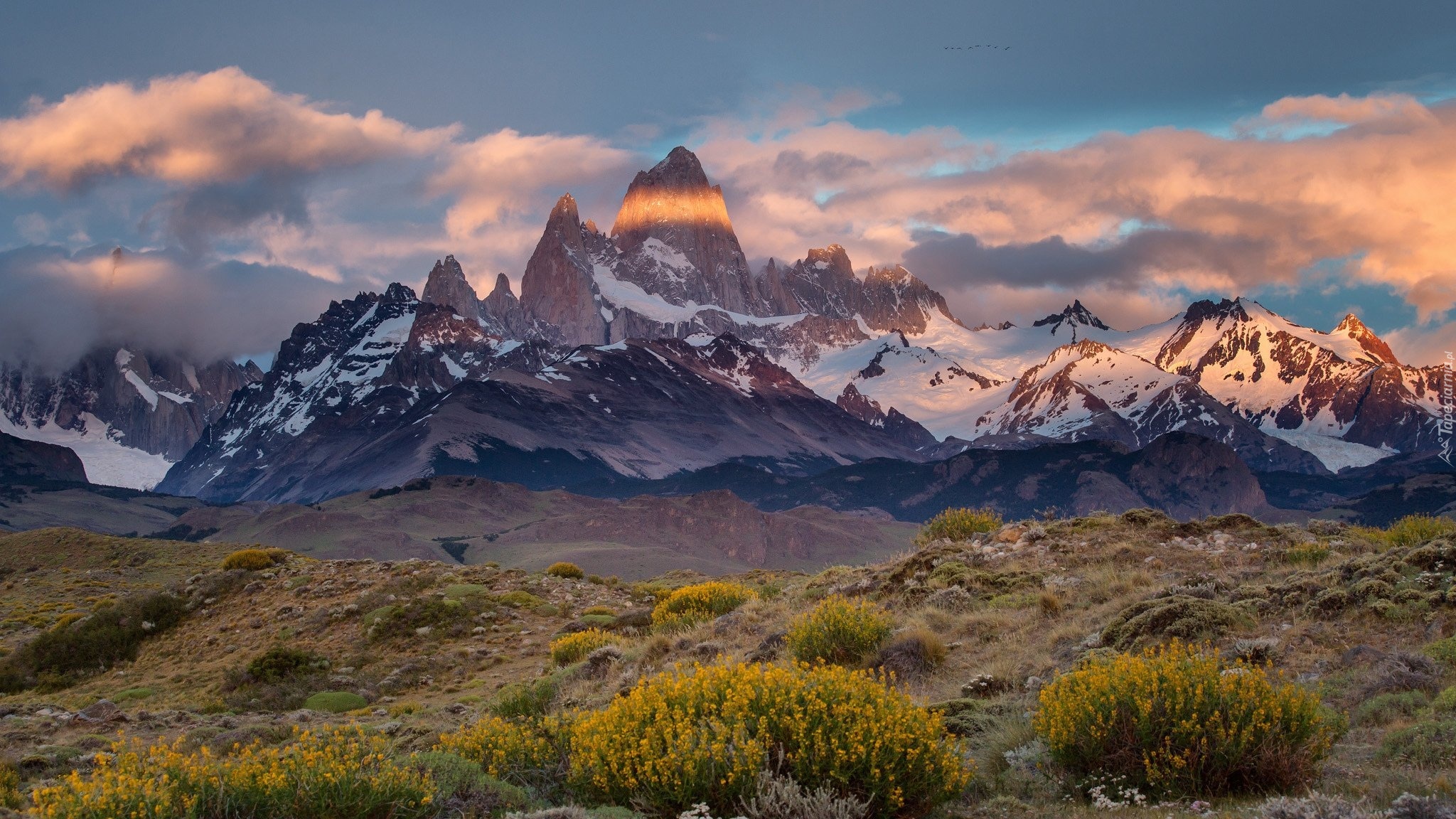 Góry, W, Chmurach, Śnieg, Roślinność, Patagonia, Argentyna