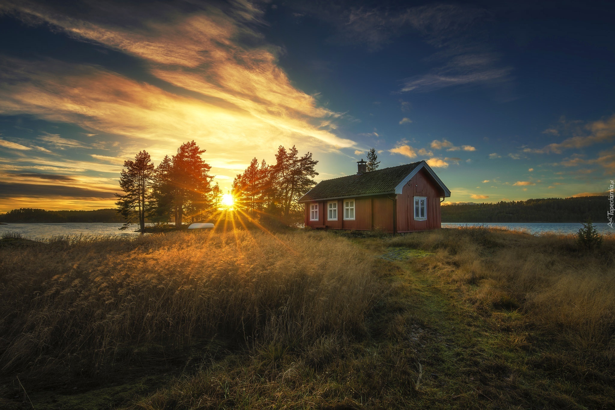 Ringerike, Norwegia, Jezioro, Zachód Słońca, Dom, Trzciny, Drzewa