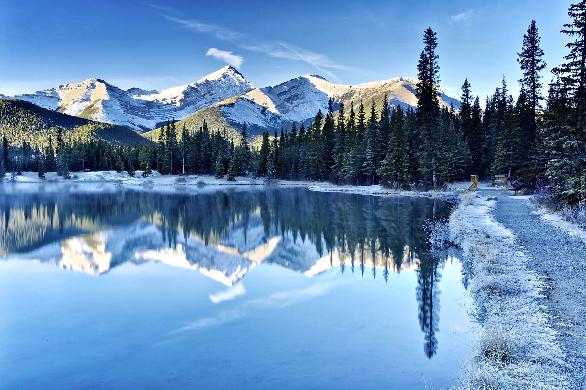 Kanada, Alberta, Jezioro Kananaskis, Góry, Lasy, Droga, Zima