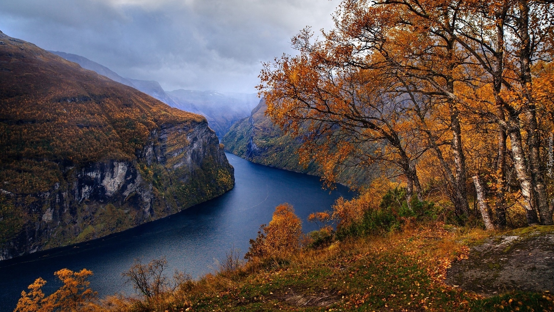 Góry, Fiord Geirangerfjorden, Jesień, Drzewa, Norwegia