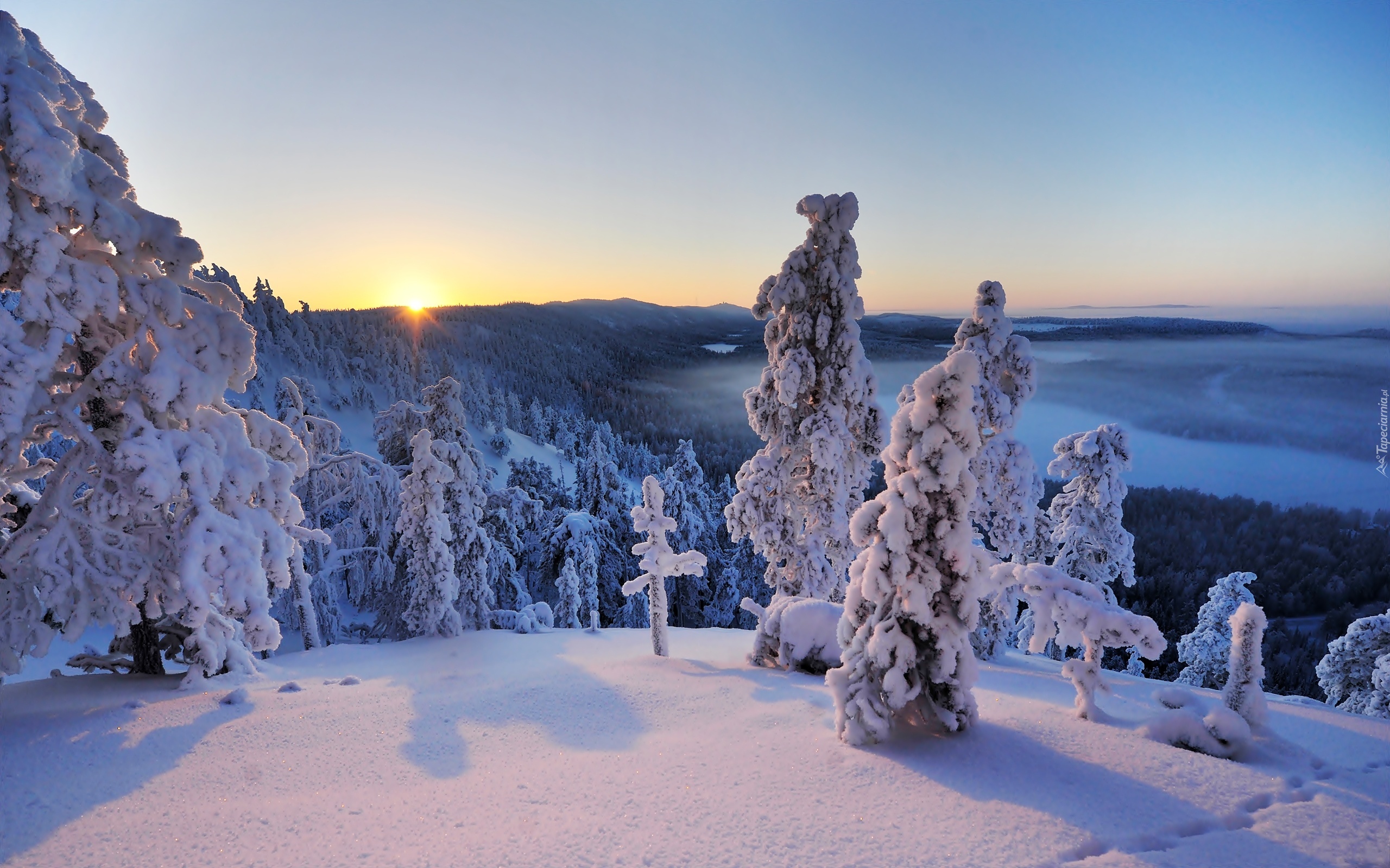 Zima, Góry, Lasy, Zachód Słońca, Kuusamo, Finlandia