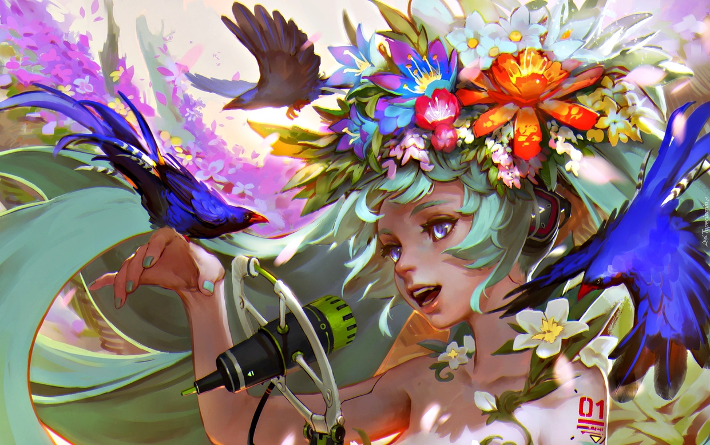 Anime, Manga, Kwiaty, Ptaki, Dziewczyna