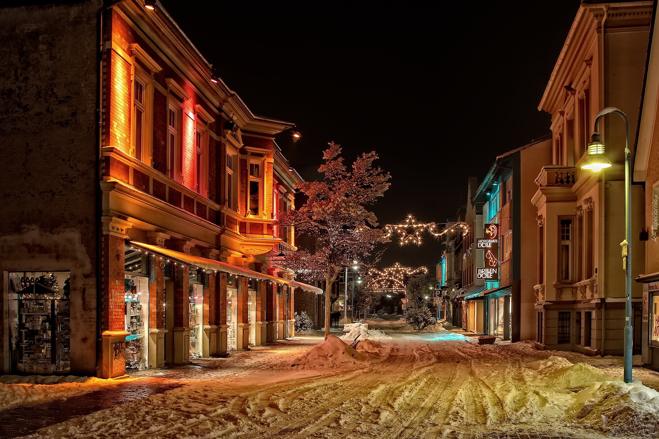 Miasto, Nocą, Śnieg, Dekoracje, Bożonarodzeniowe