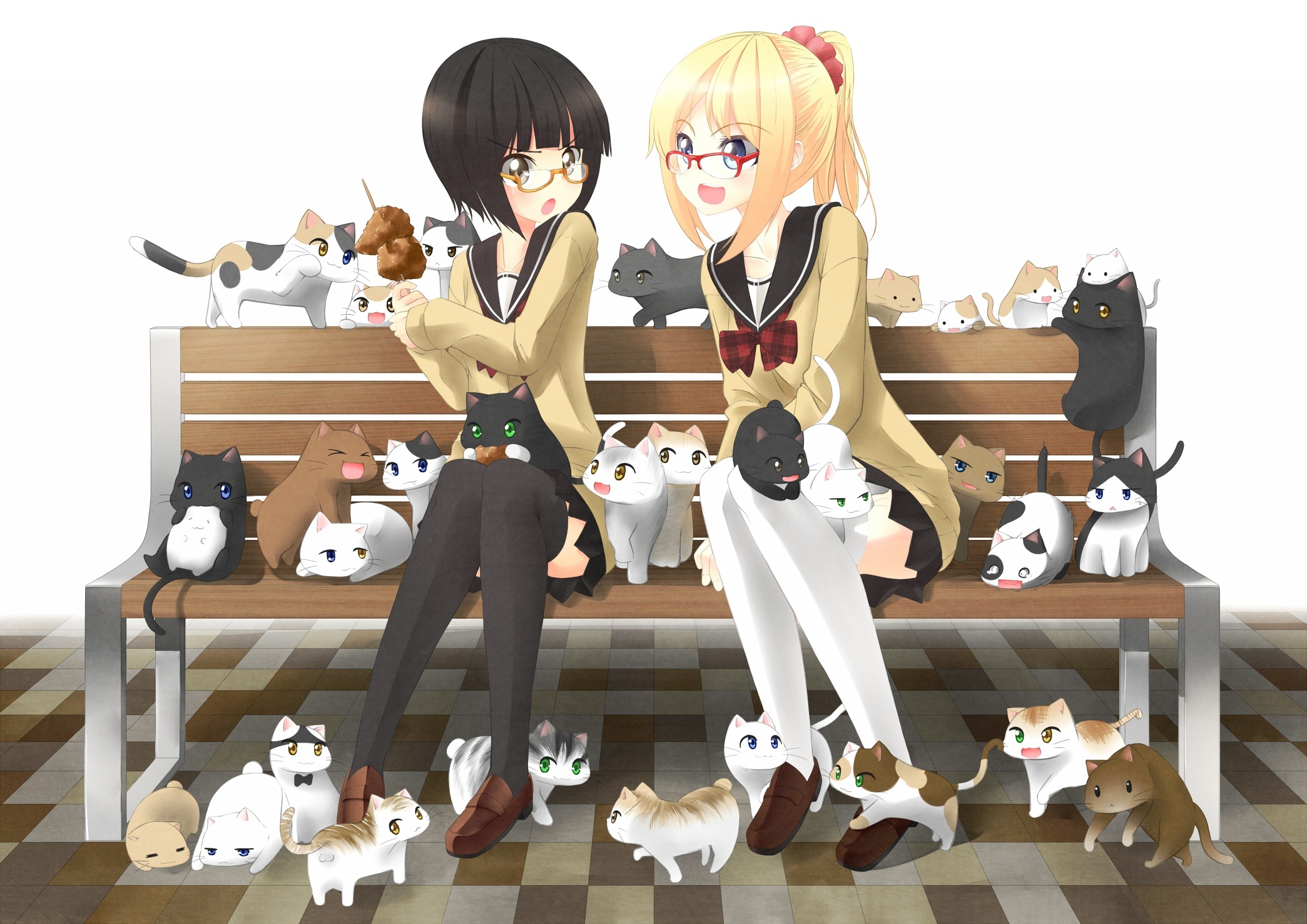 Dziewczyny, Koty, Ławka, Anime