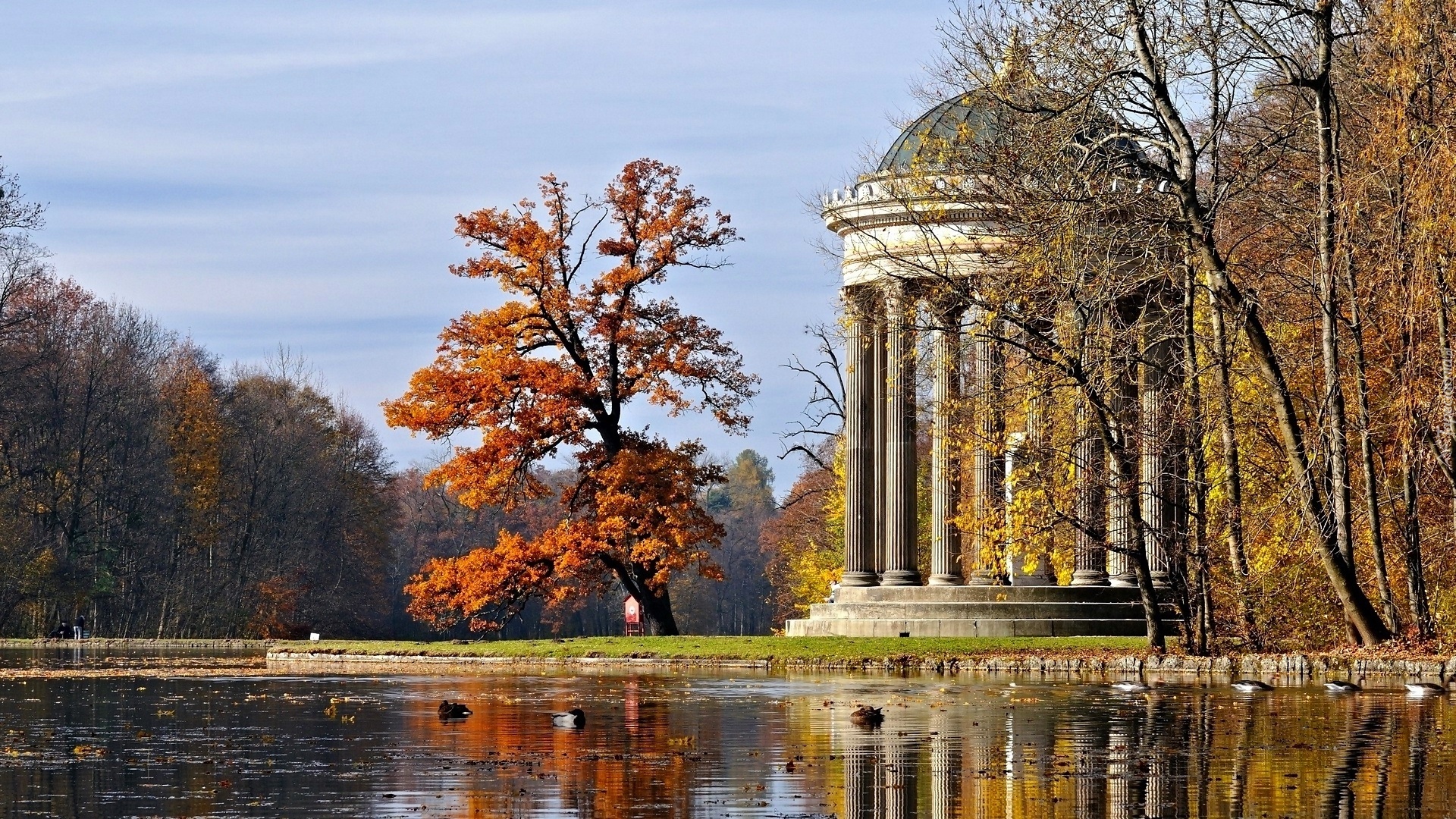 Park, Staw, Budowla, Drzewo, Jesień