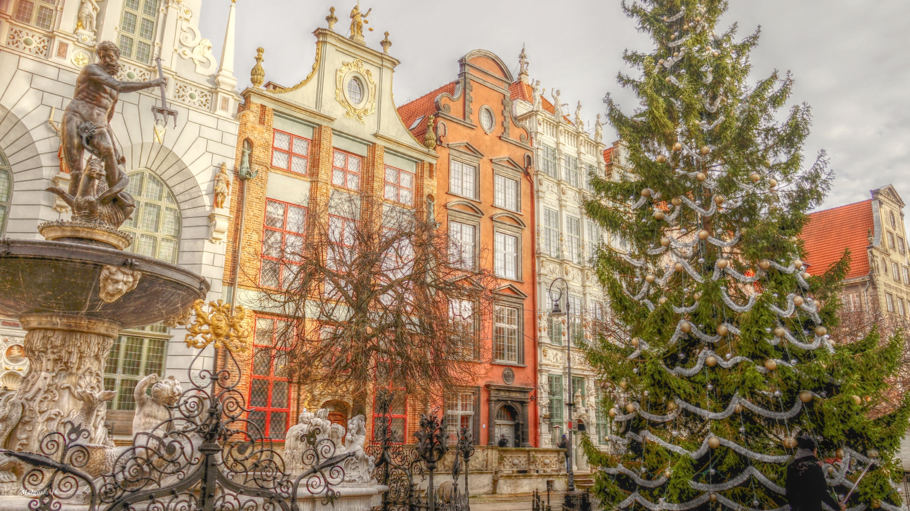 Gdańsk, Stare Miasto, Posąg, Neptun, Choinka, Kamienice, HDR