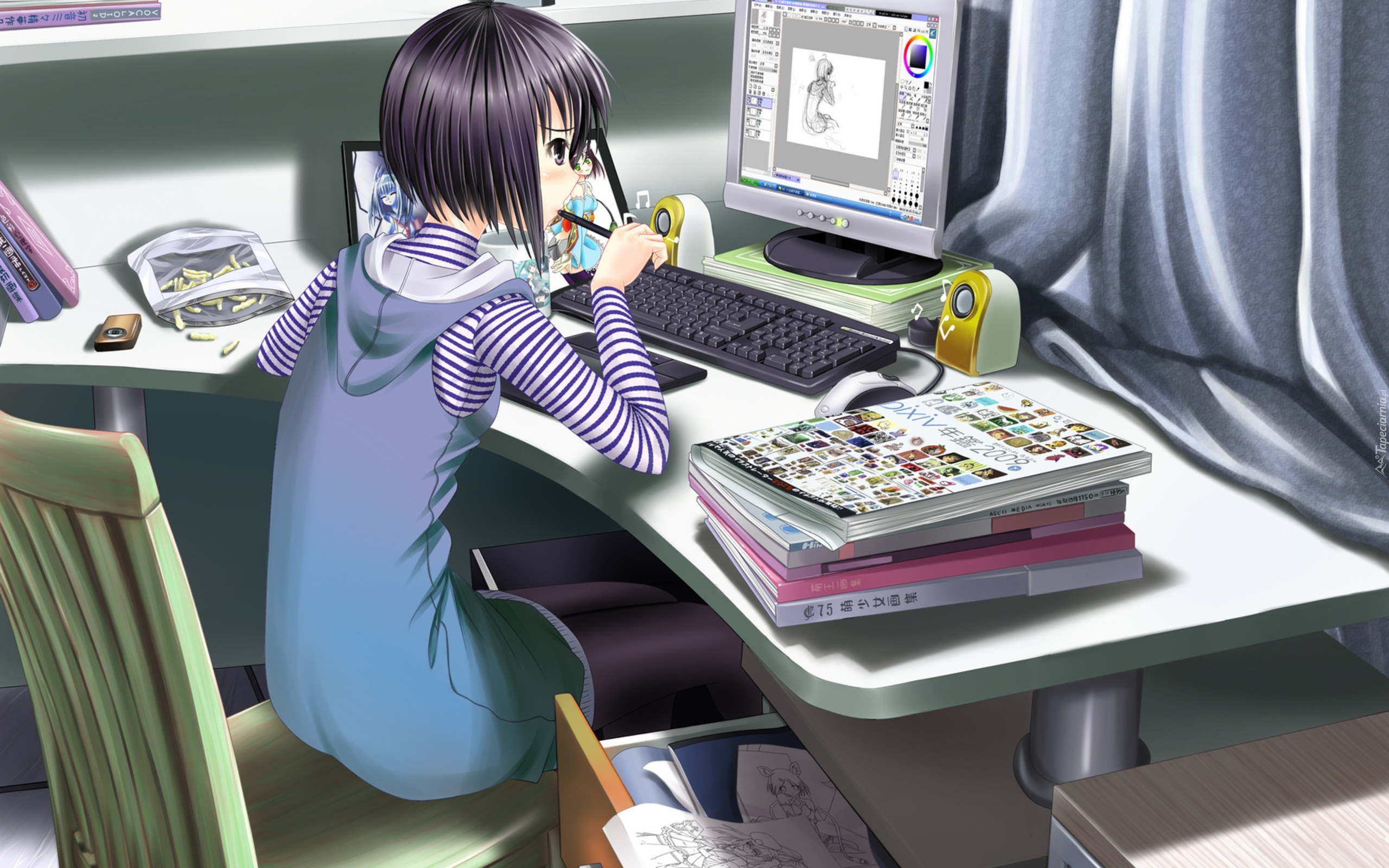 Dziewczyna, Krzesło, Biurko, Książki, Komputer, Manga, Anime