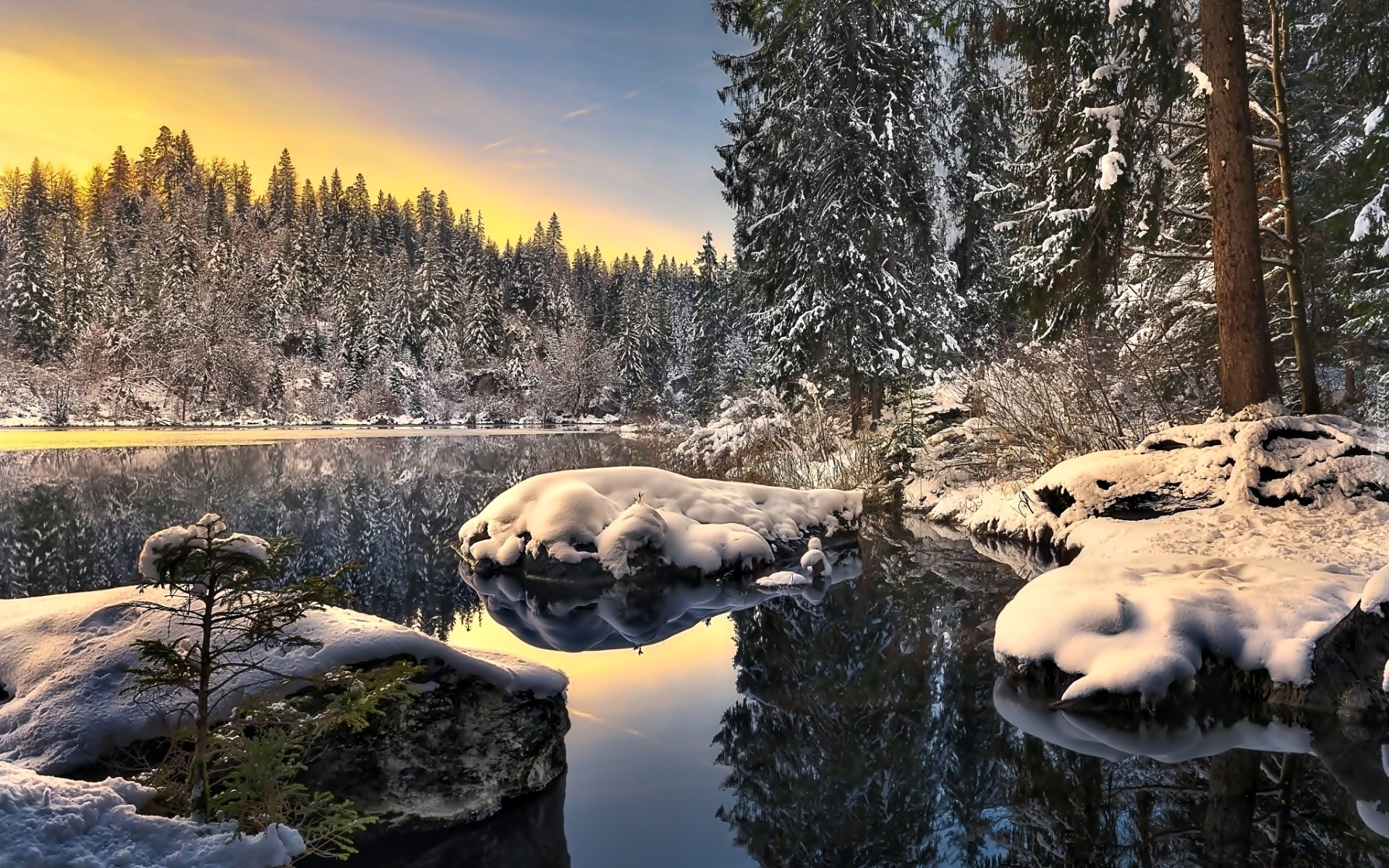 Wschód Słońca, Jezioro, Zima, Śnieg, Las