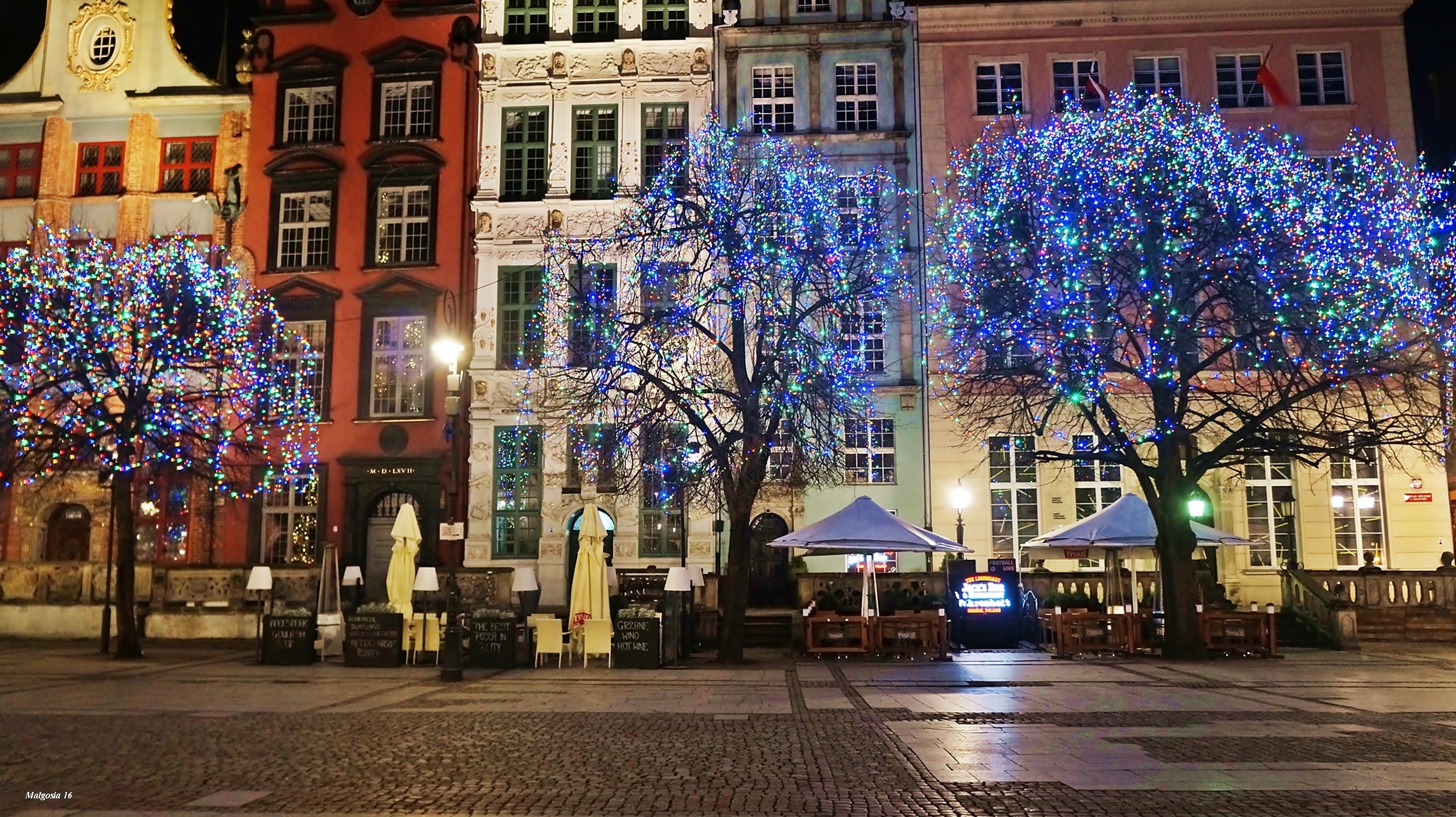 Miasto, Gdańsk, Noc, Kamienice, Drzewa, Lampki, Świąteczne