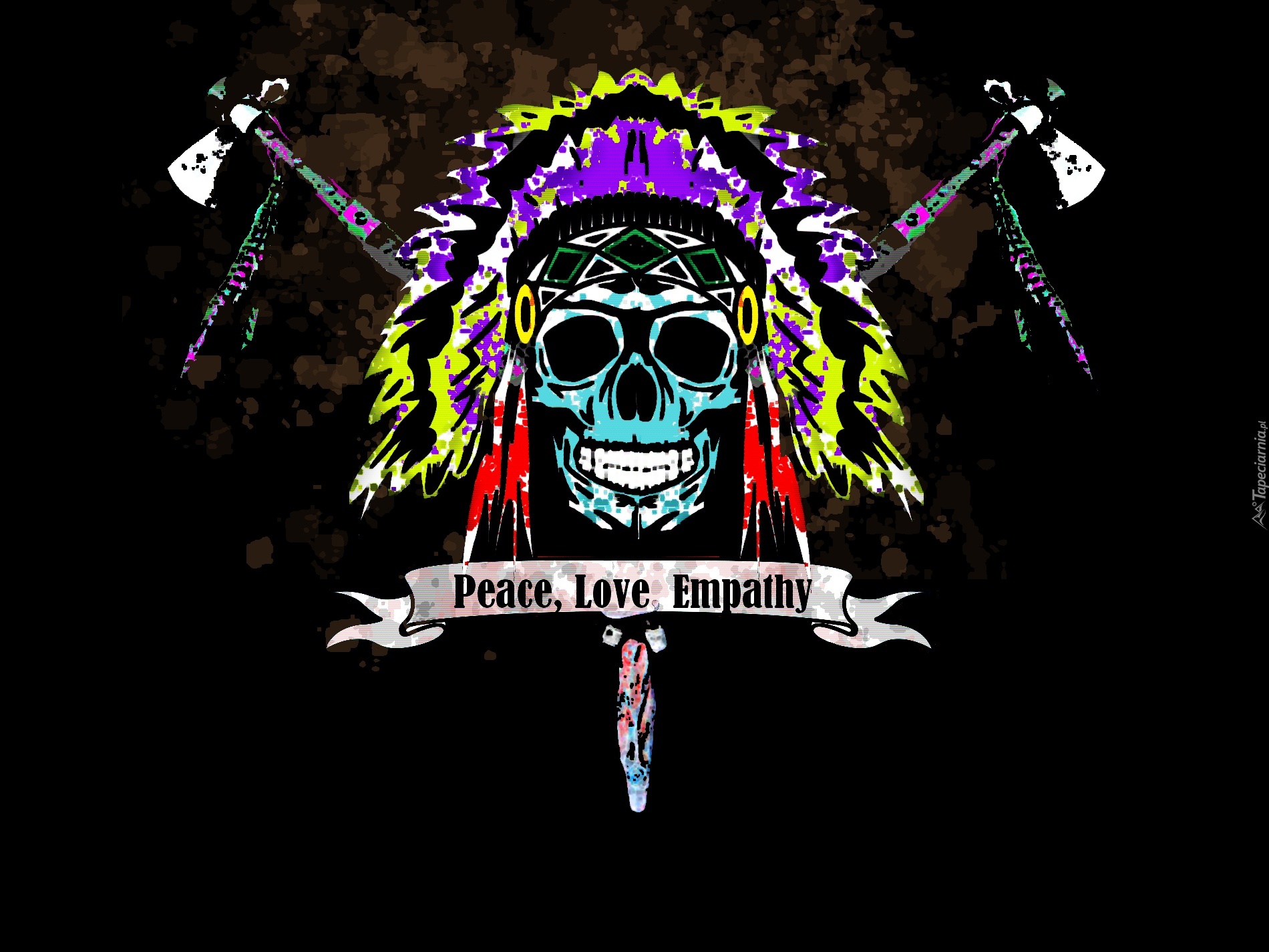Indianin, Czaszka, Siekiera, Tribal, Napis, Abstrakcja, Hipster