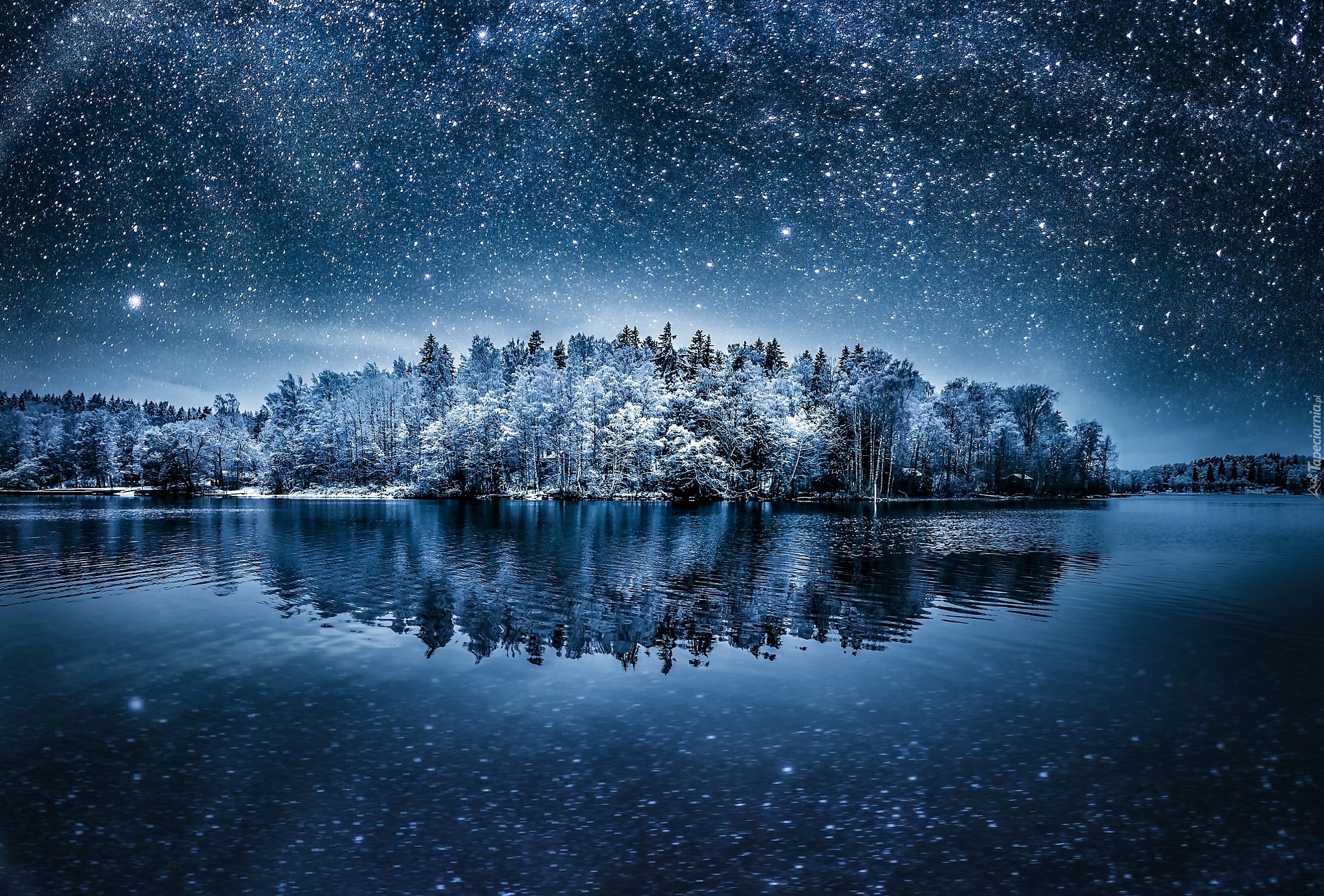 Zima, Rzeka, Drzewa, Niebo, Noc, Gwiazdy